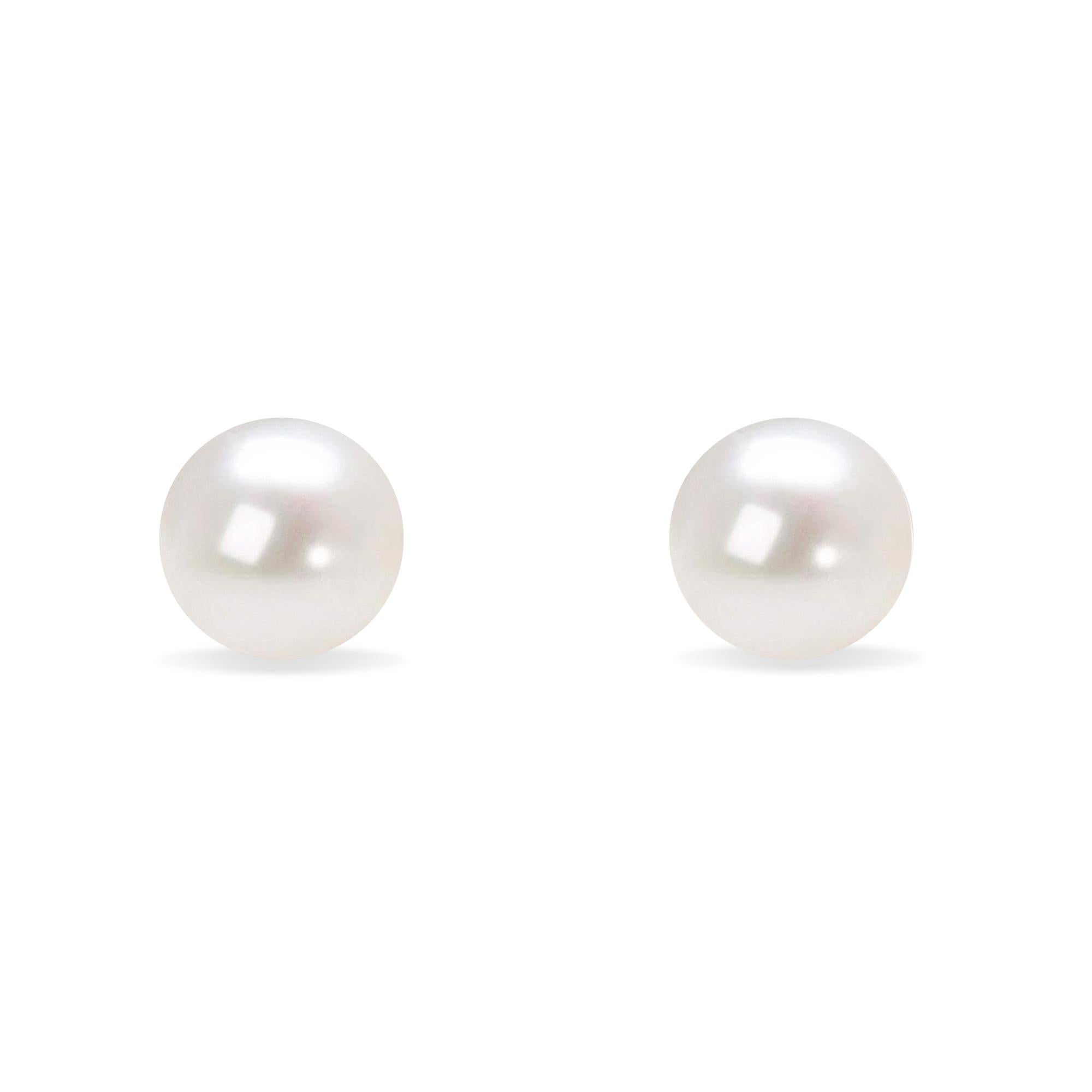 Contemporary 14K White Gold Round Freshwater Akoya Cultured Pearl Stud Earrings AAA+ Quality