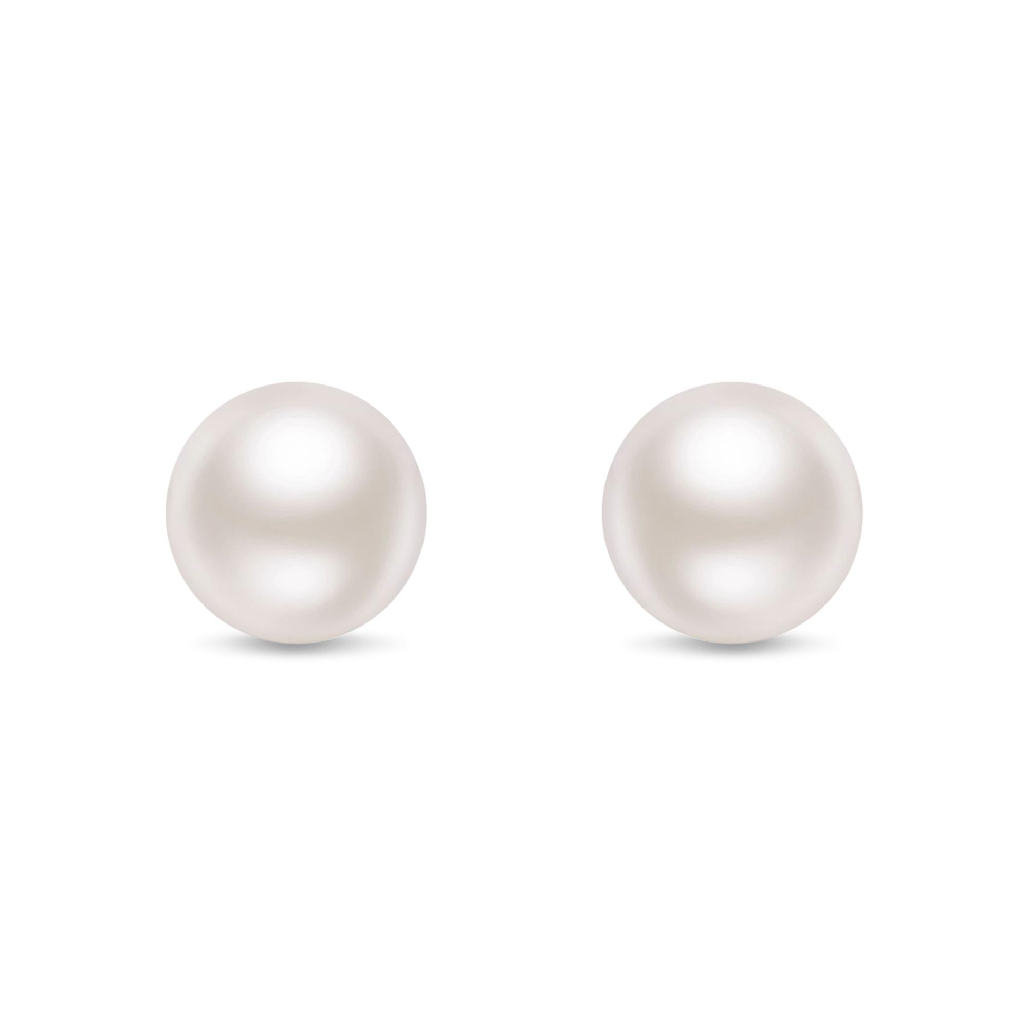 Contemporary 14K White Gold Round Freshwater Akoya Cultured Pearl Stud Earrings AAA+ Quality For Sale