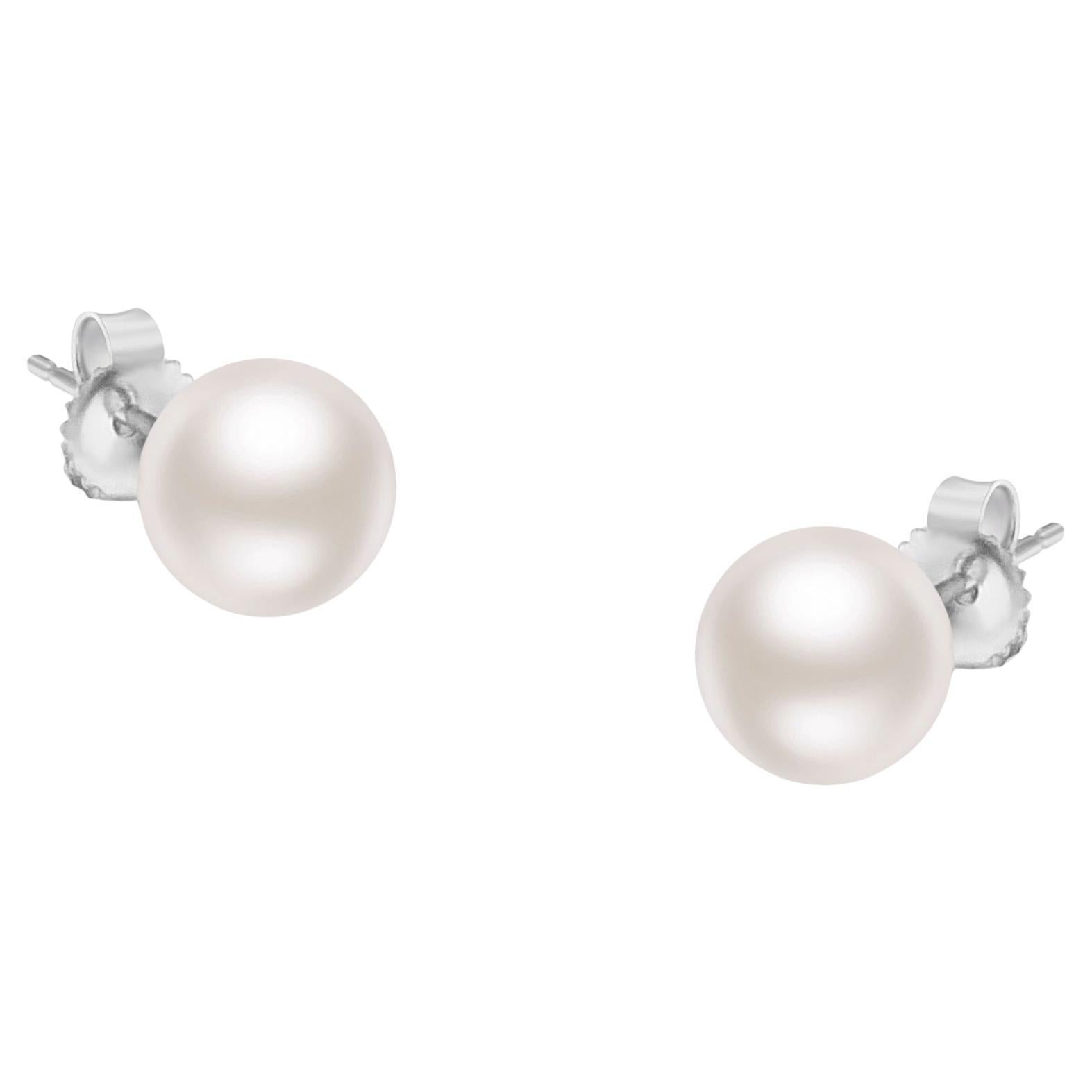 14K White Gold Round Freshwater Akoya Cultured Pearl Stud Earrings AAA+ Quality