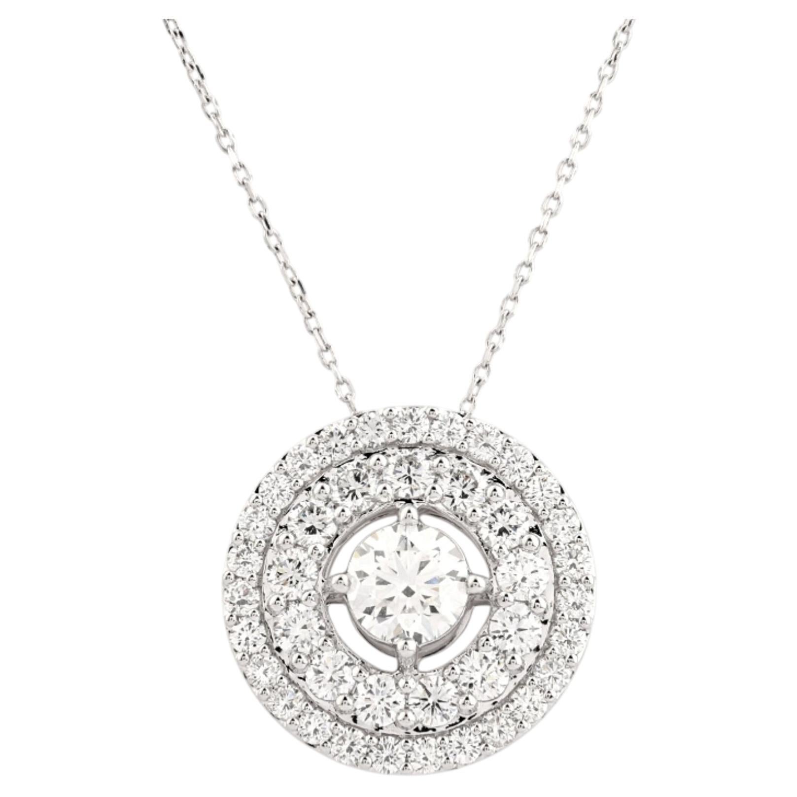 14K White Gold Round Natural Diamond Double Halo Medallion Pendant Necklace
