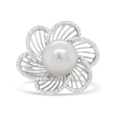 14K White Gold Round Pearl and 1/3 Cttw Diamond Openwork Flower Blossom Ring