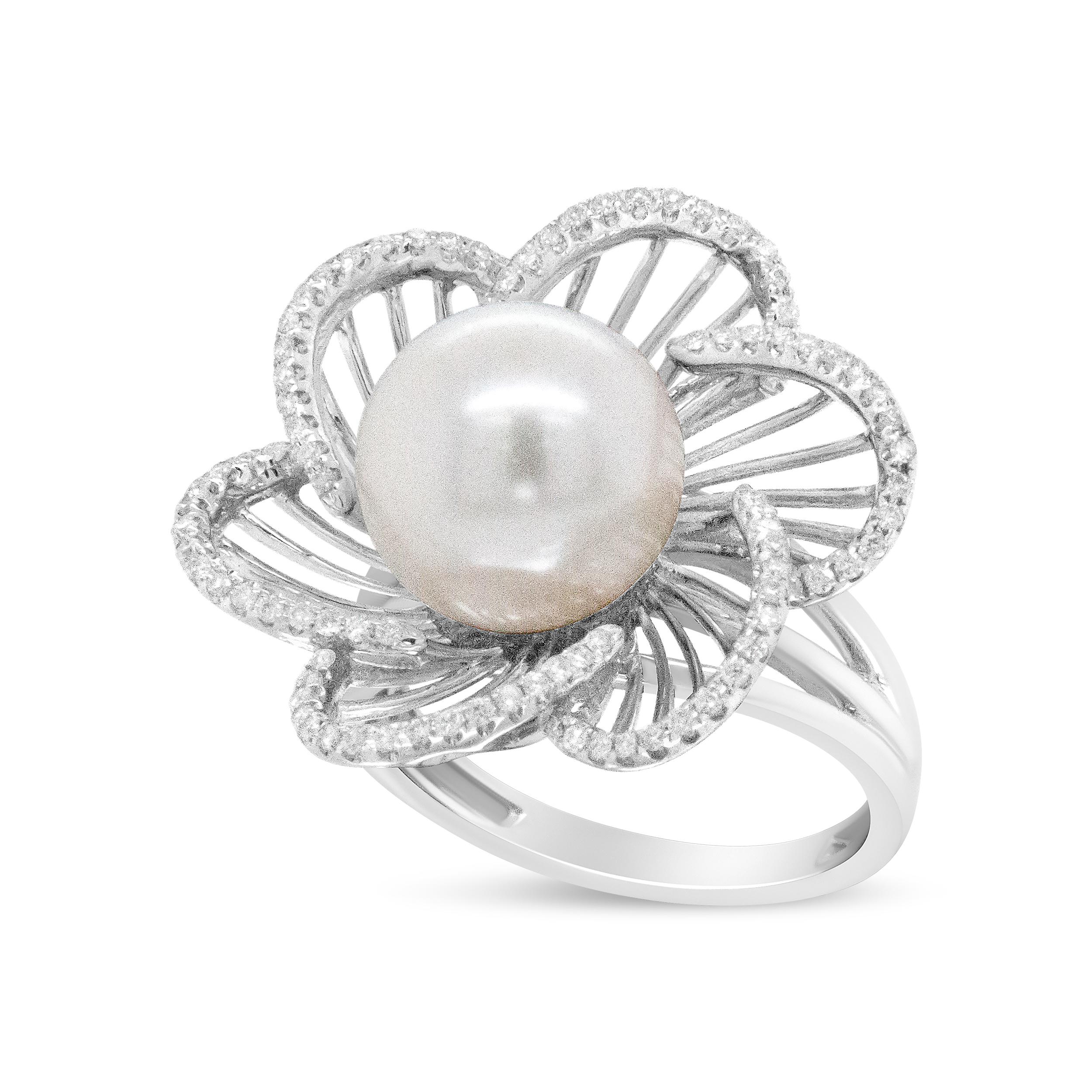 Modern 14K White Gold Round Pearl and 1/3 Cttw Diamond Openwork Flower Blossom Ring For Sale