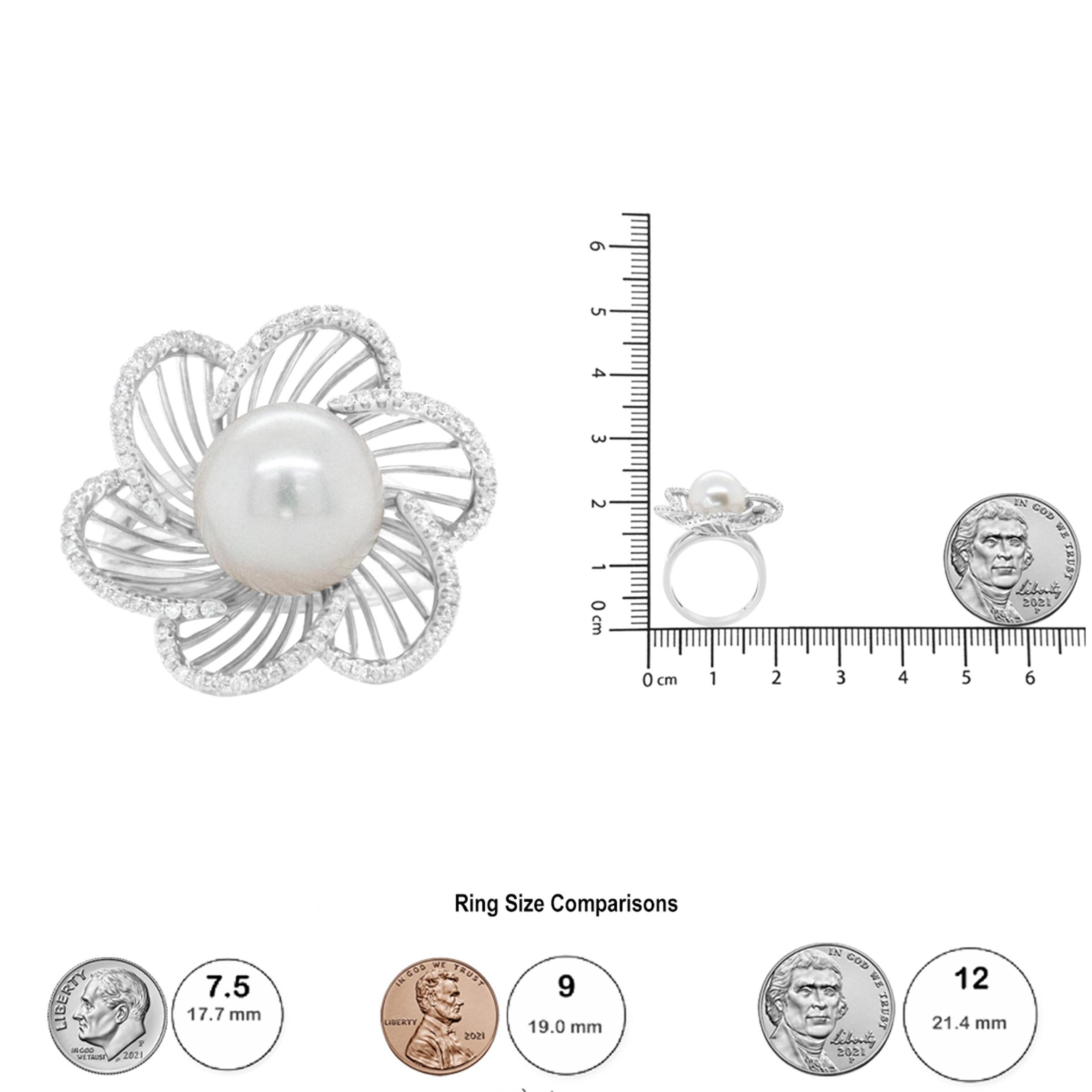 Round Cut 14K White Gold Round Pearl and 1/3 Cttw Diamond Openwork Flower Blossom Ring For Sale