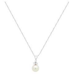 Collana con ciondolo in oro bianco 14K con perla rotonda e diamante rotondo, 17.25"