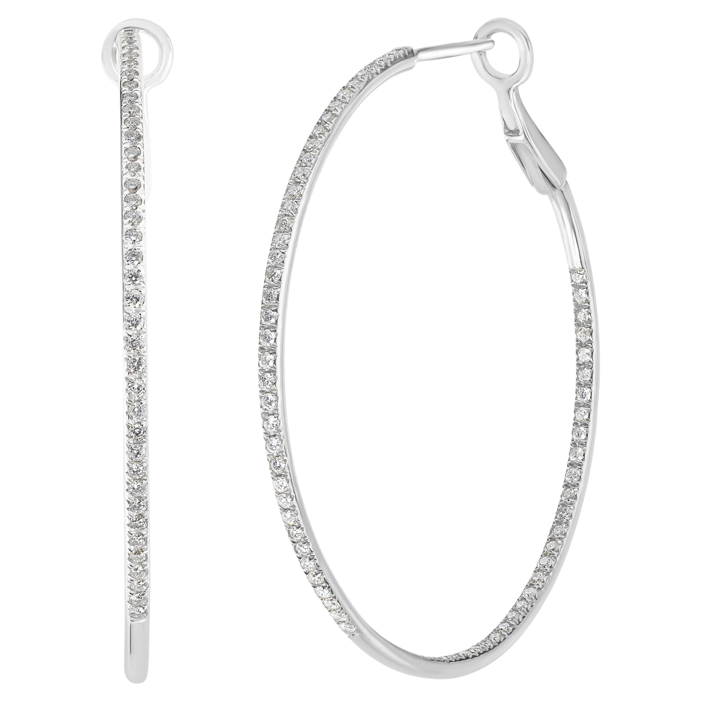 1/4Ct Round Cut Pave Natural Diamond 14k White Gold Inside Outside Hoop Earrings