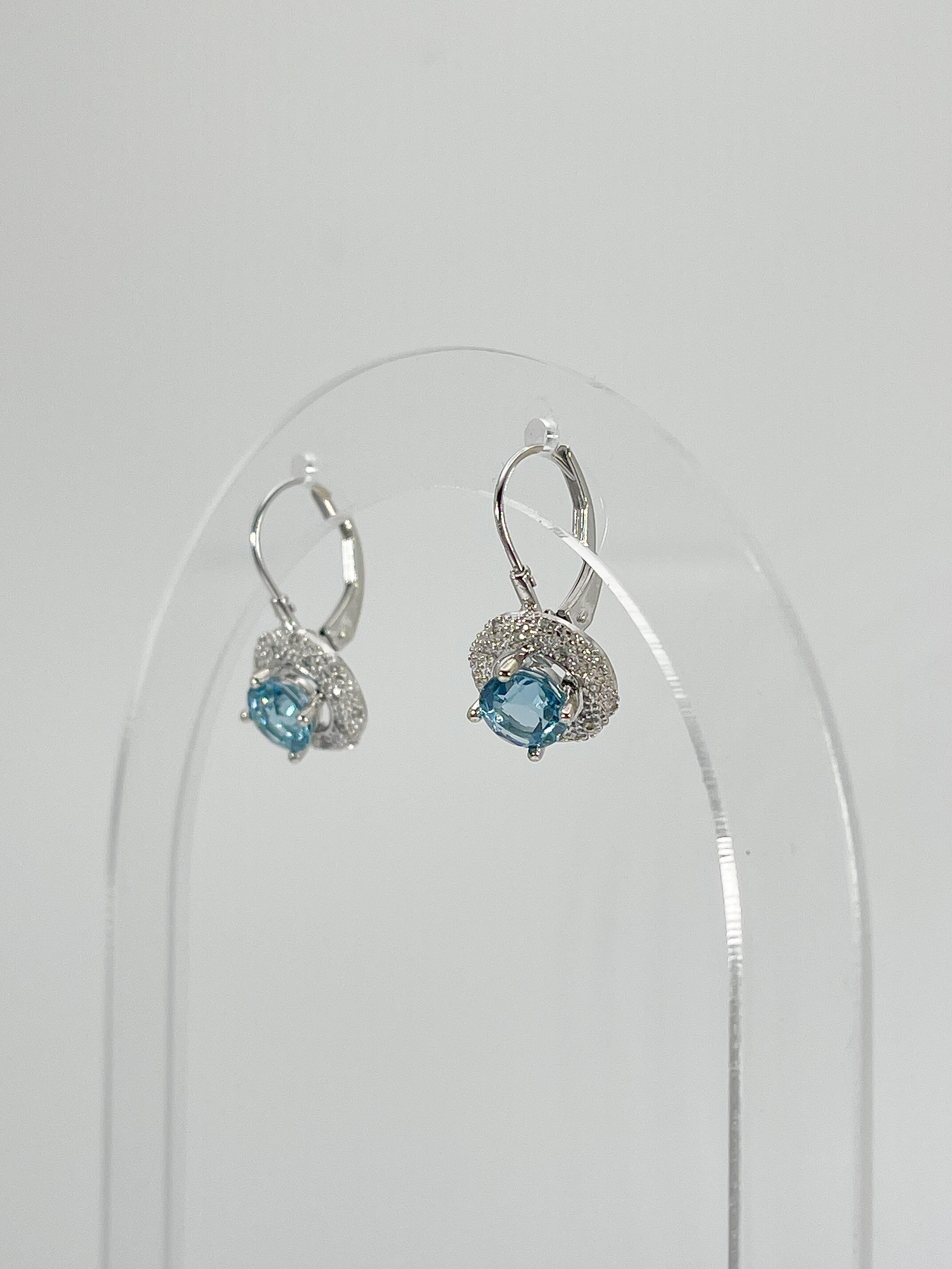 Round Cut 14K White Gold Round Swiss Blue Topaz Earrings  For Sale