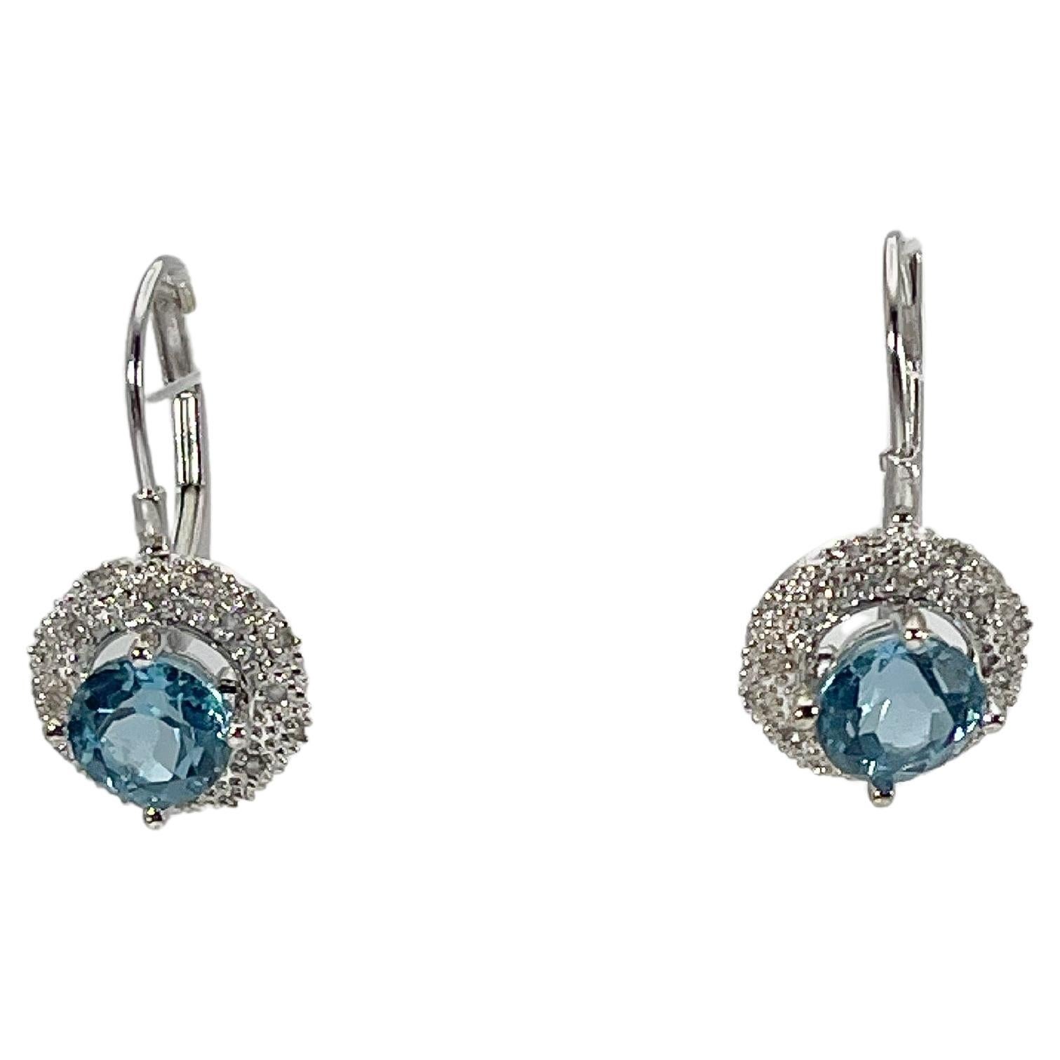 14K White Gold Round Swiss Blue Topaz Earrings 