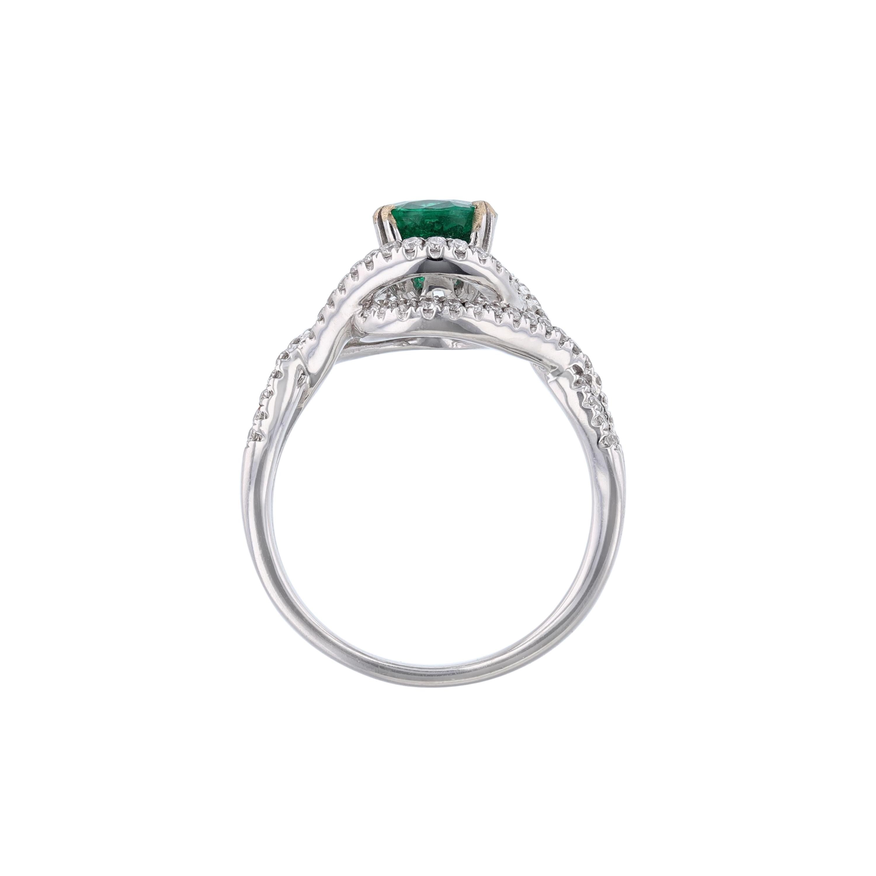 Oval Cut 14K White Gold Round Twist Diamond Emerald 2.10 Carat Ring For Sale