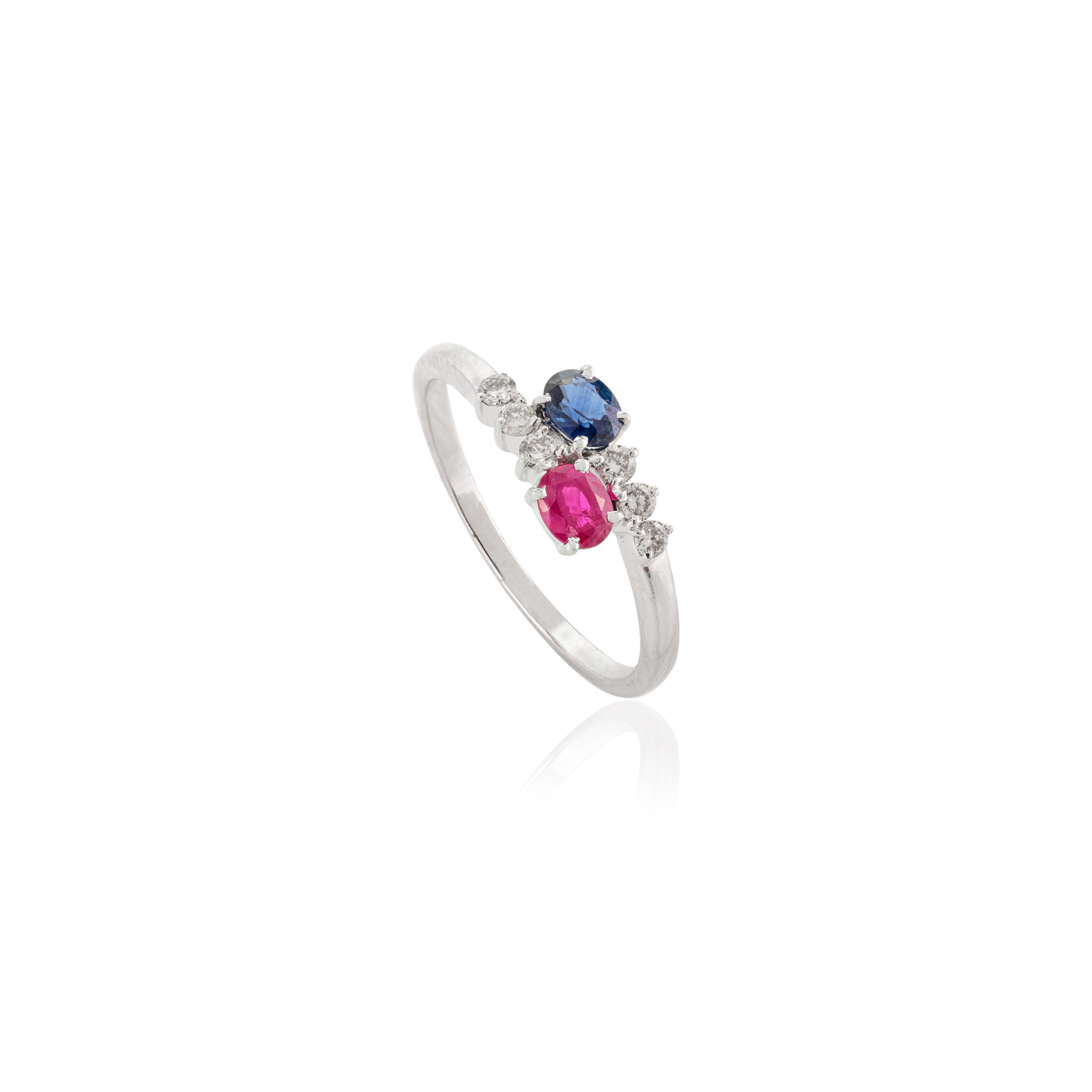 For Sale:  14k White Gold Ruby and Blue Sapphire Two Stone Ring with Diamonds for Women 2