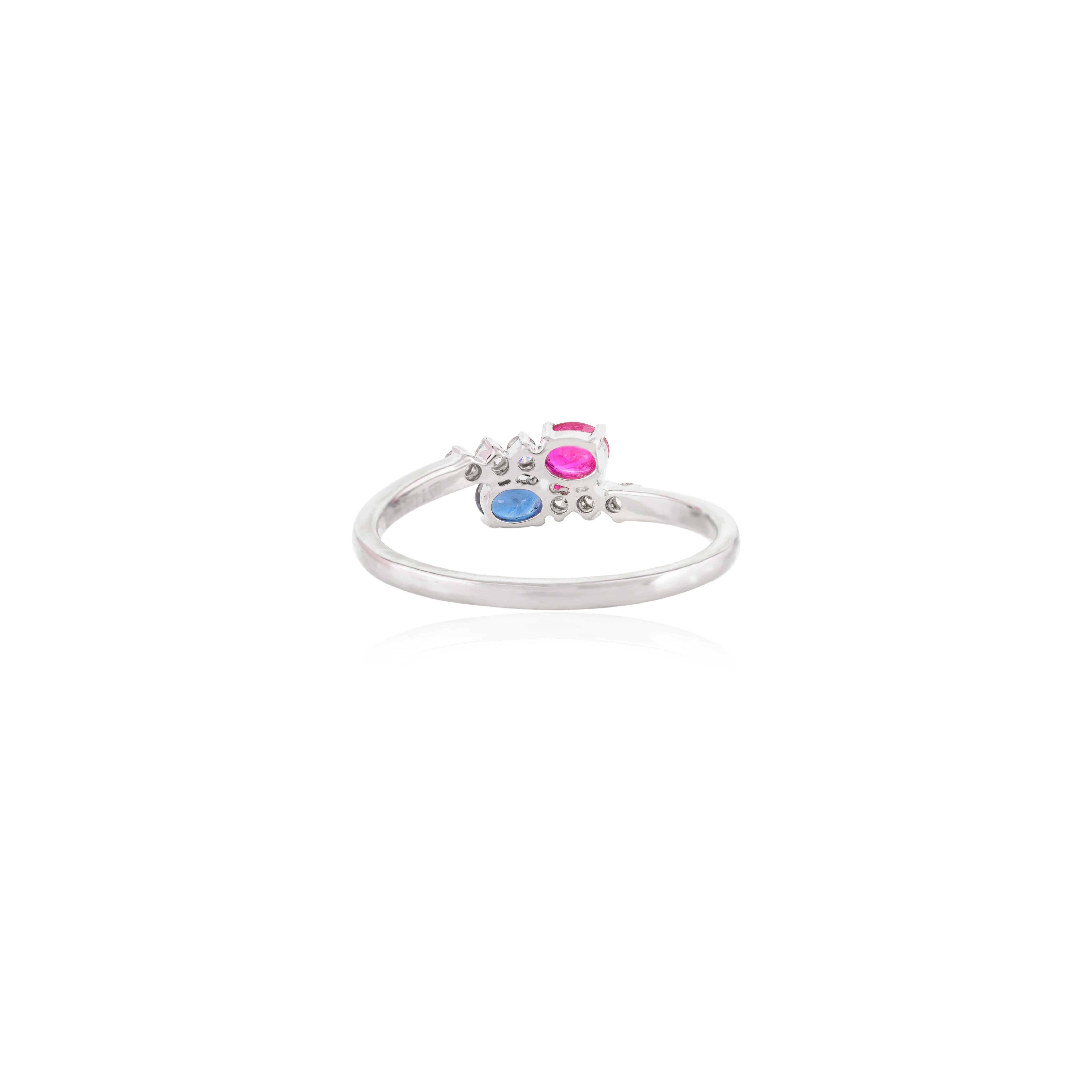 For Sale:  14k White Gold Ruby and Blue Sapphire Two Stone Ring with Diamonds for Women 3