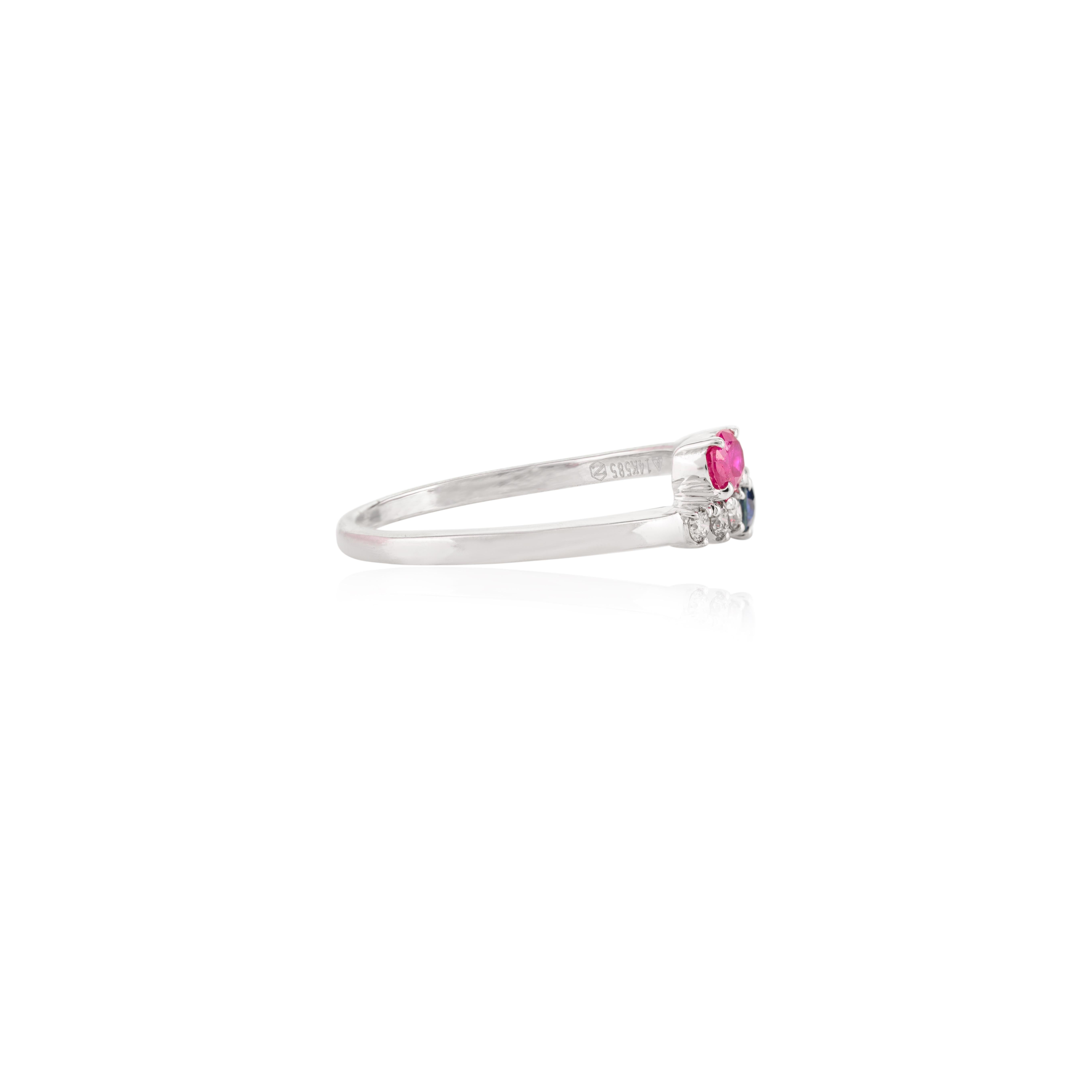For Sale:  14k White Gold Ruby and Blue Sapphire Two Stone Ring with Diamonds for Women 4