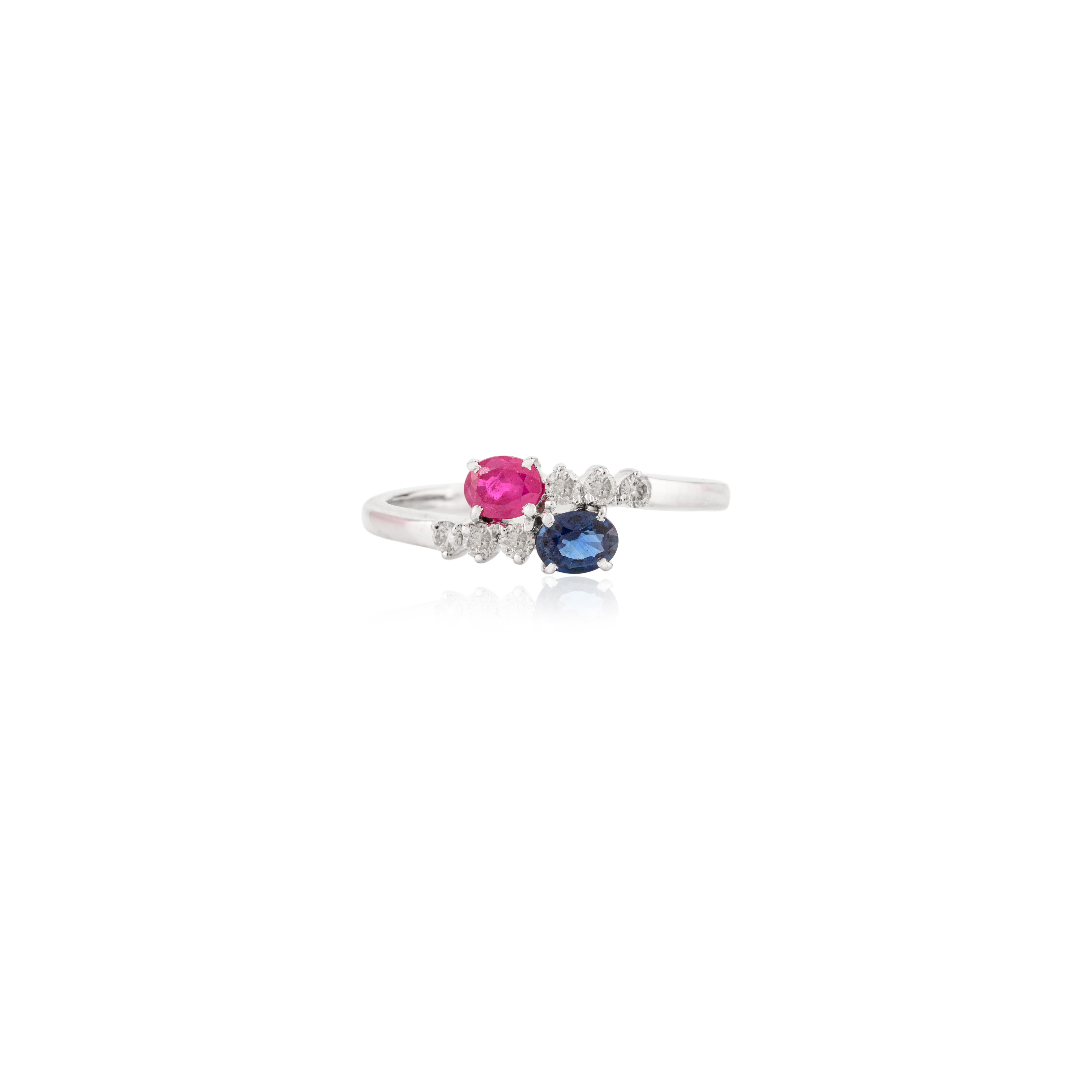 For Sale:  14k White Gold Ruby and Blue Sapphire Two Stone Ring with Diamonds for Women 5