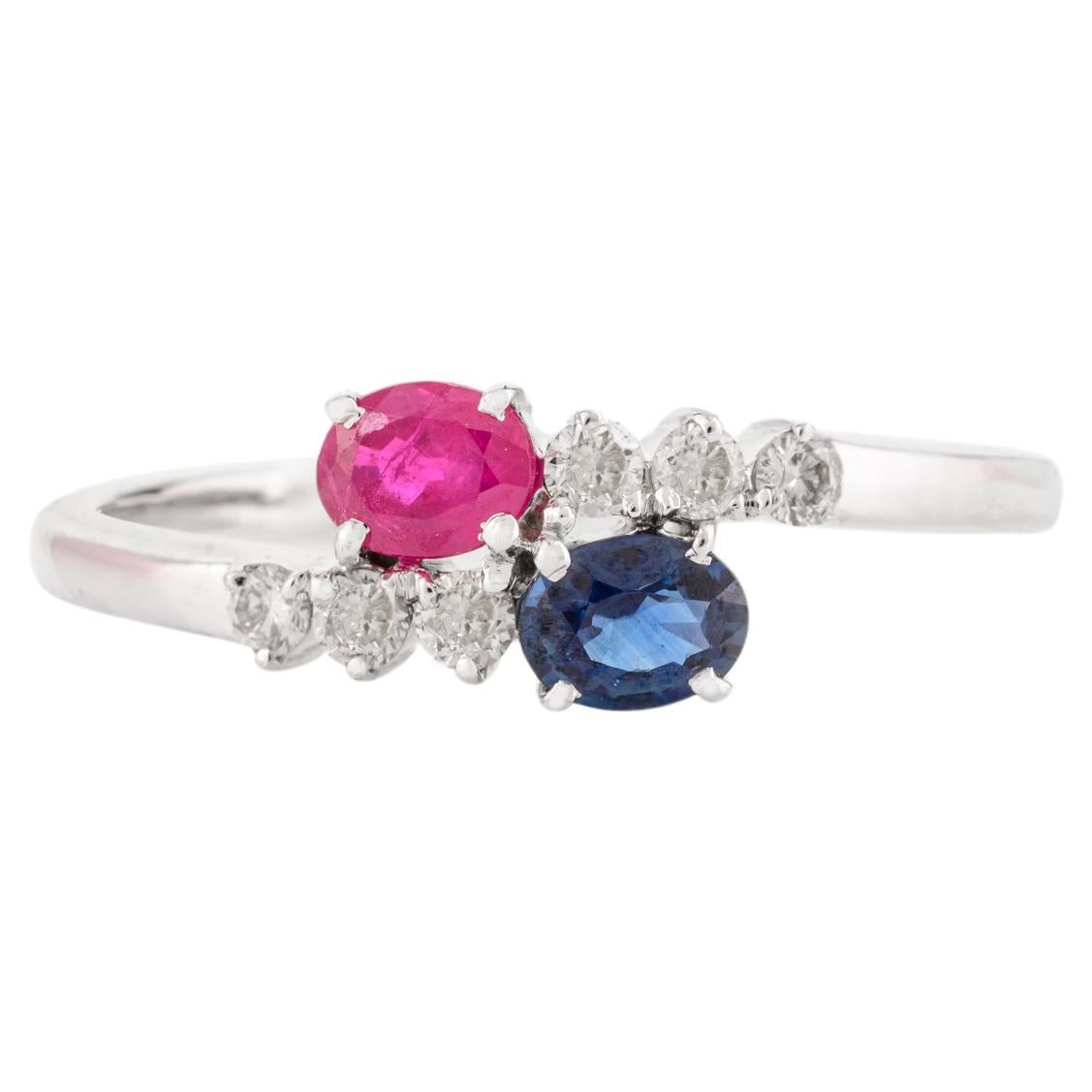 14k White Gold Ruby and Blue Sapphire Two Stone Ring with Diamonds for Women