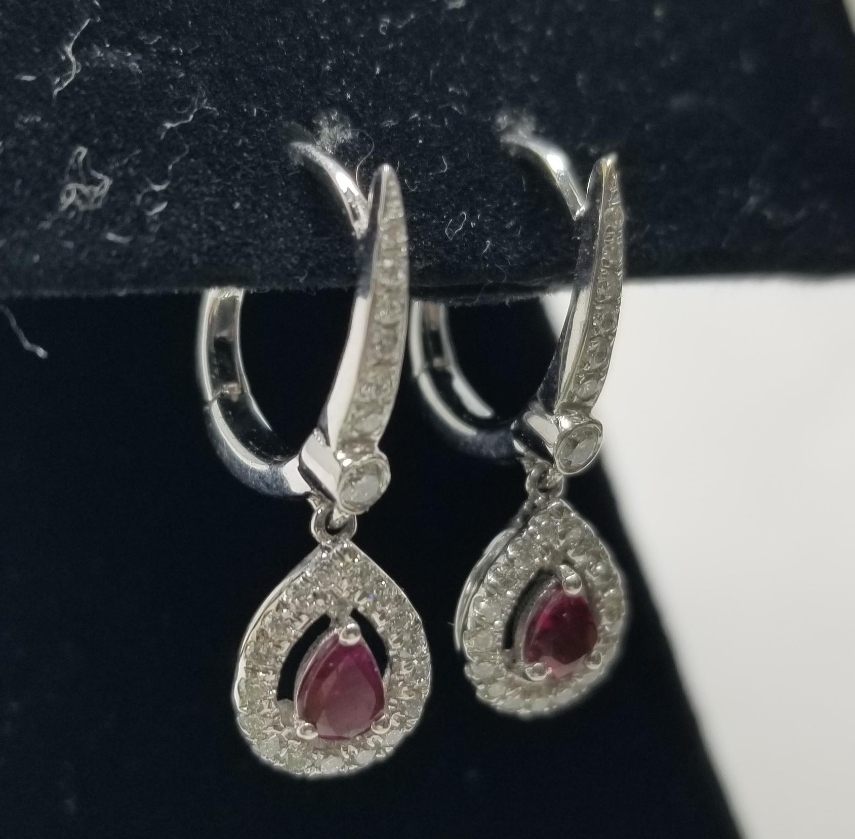 Contemporary 14 Karat White Gold Ruby and Diamond Dangle Earrings