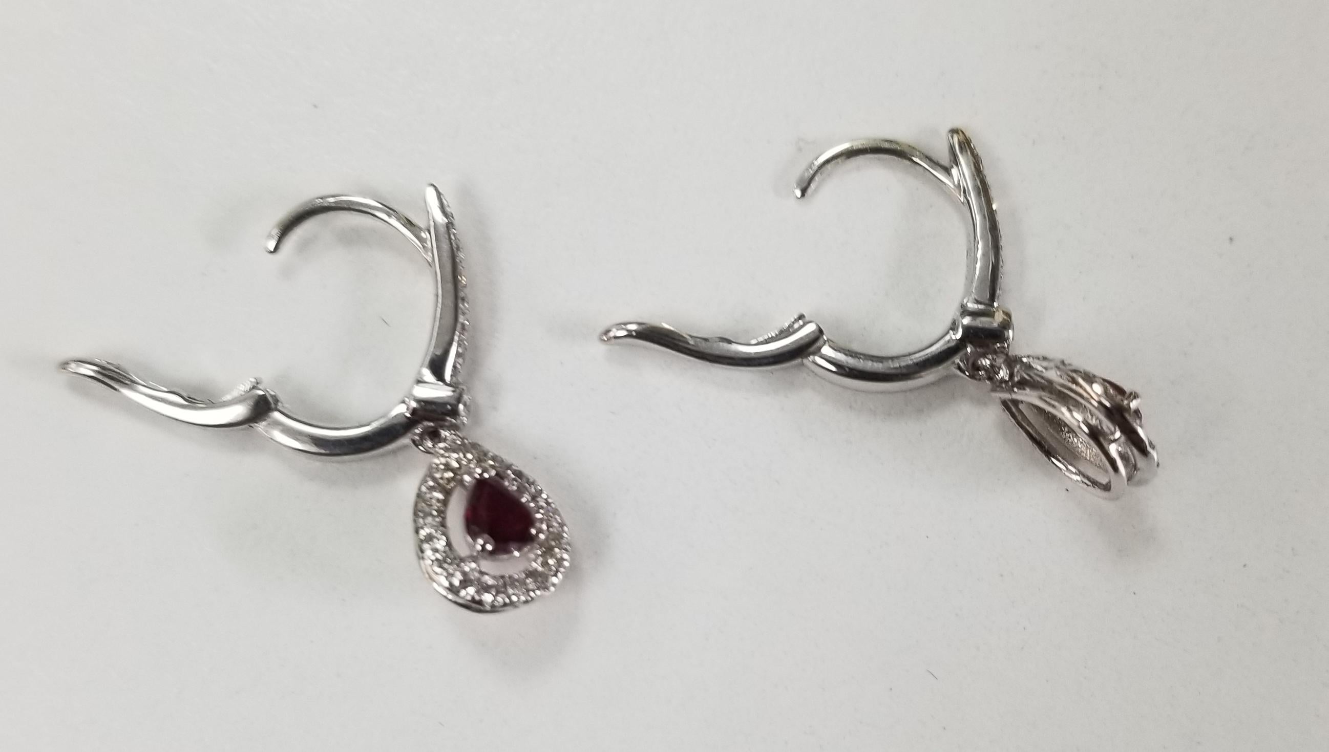 Pear Cut 14 Karat White Gold Ruby and Diamond Dangle Earrings