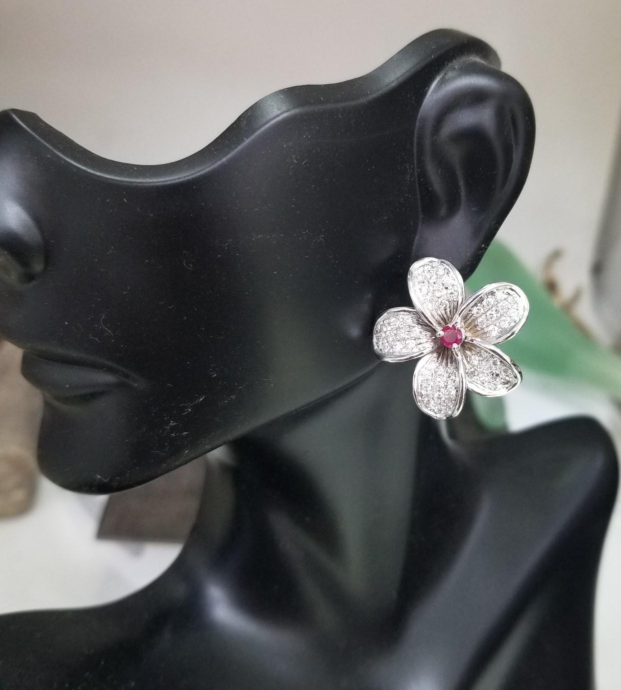 Round Cut 14k White Gold Ruby and Diamond Flower Earrings For Sale