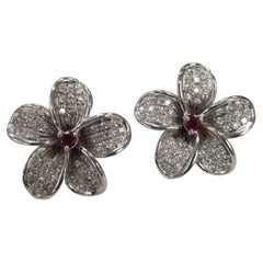 14k White Gold Ruby and Diamond Flower Earrings