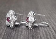 14k White Gold Ruby and Diamond Flower Earrings