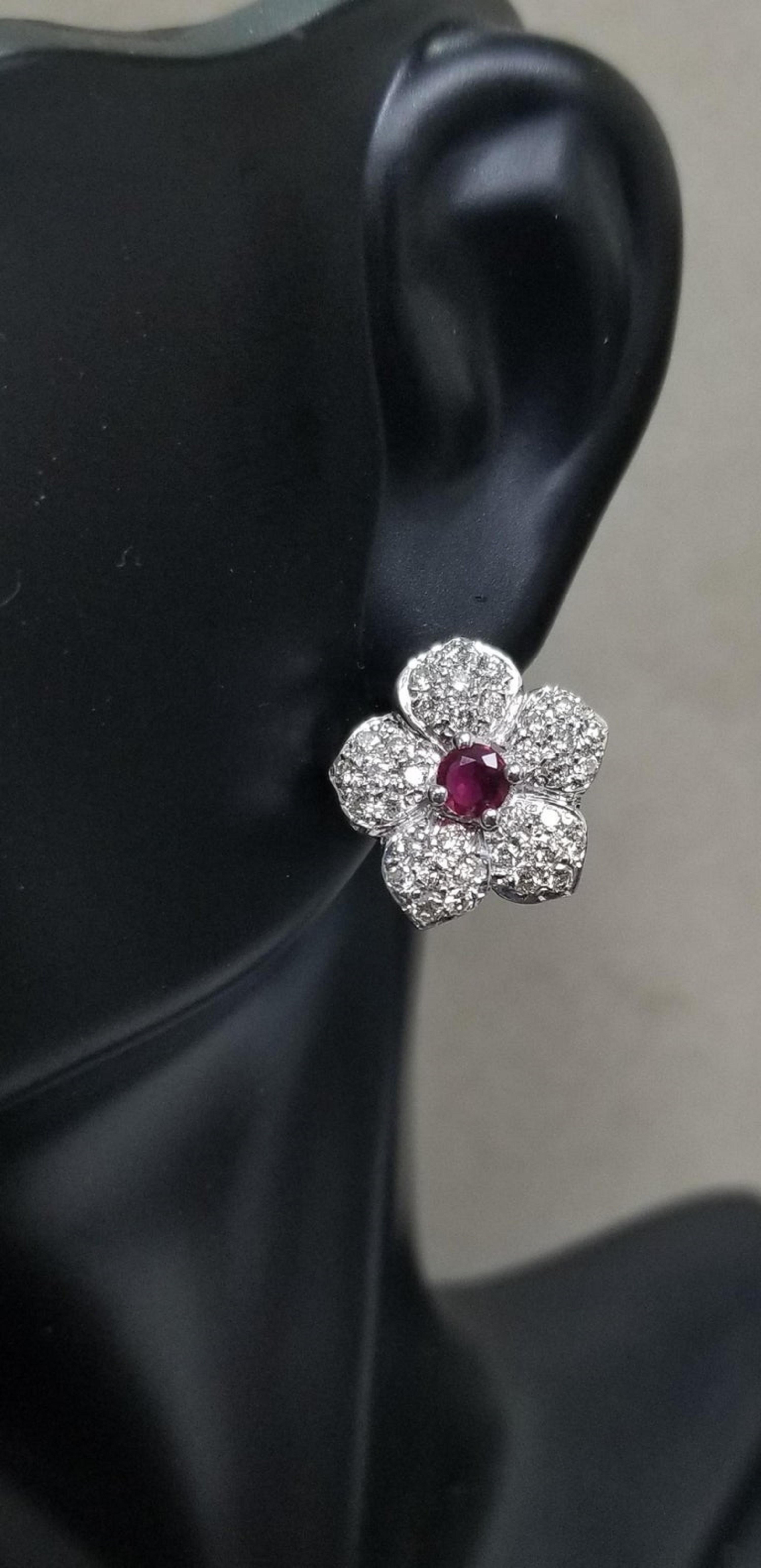 Contemporary 14k White Gold Ruby and Diamond Flower Earrings For Sale