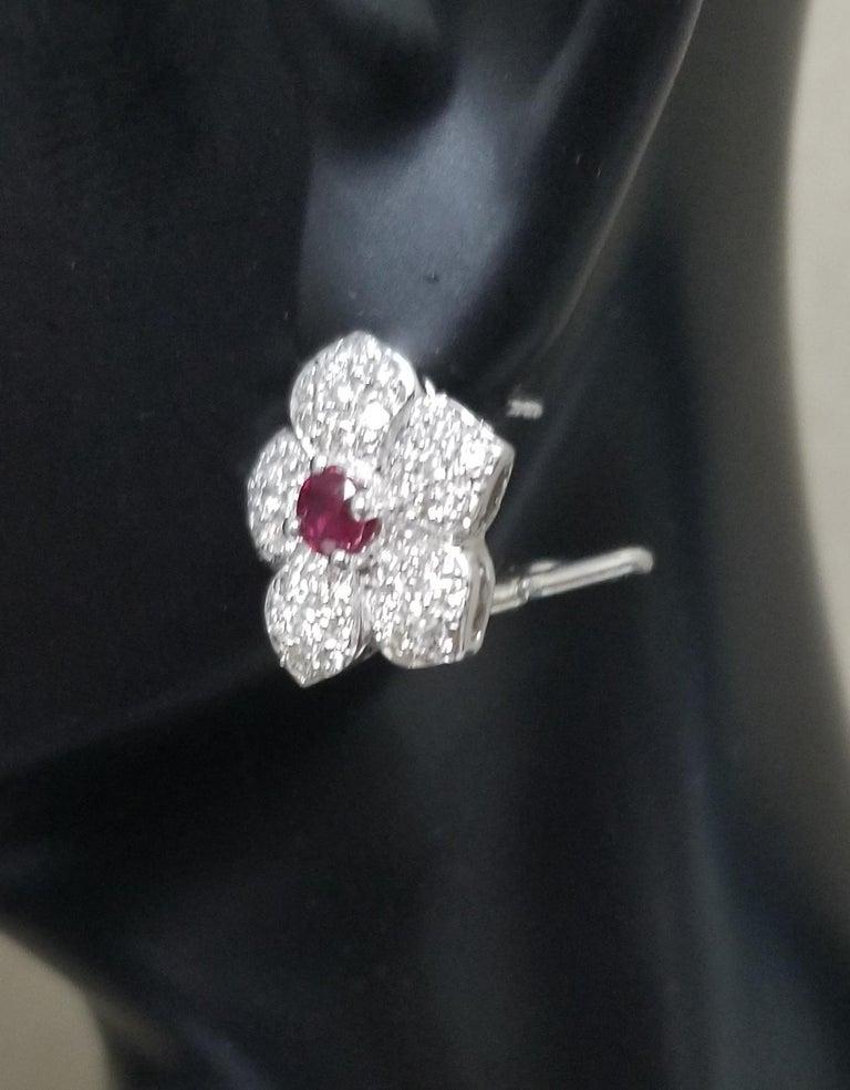 Round Cut 14k White Gold Ruby and Diamond Flower Earrings For Sale
