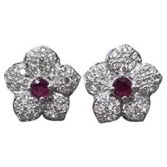 14k White Gold Ruby and Diamond Flower Earrings