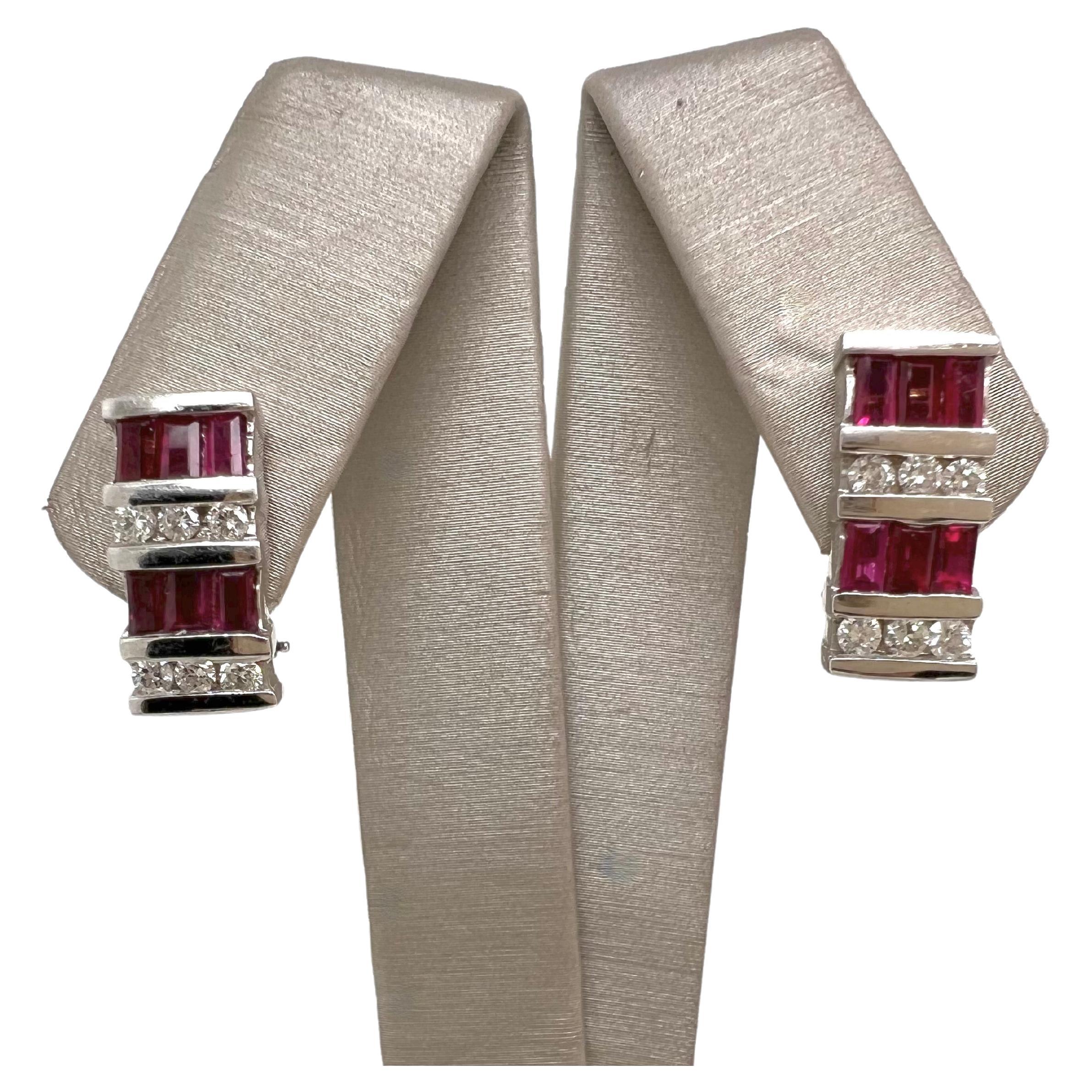 Baguette Cut 14k White Gold Ruby and Diamond French Clip Earrings For Sale
