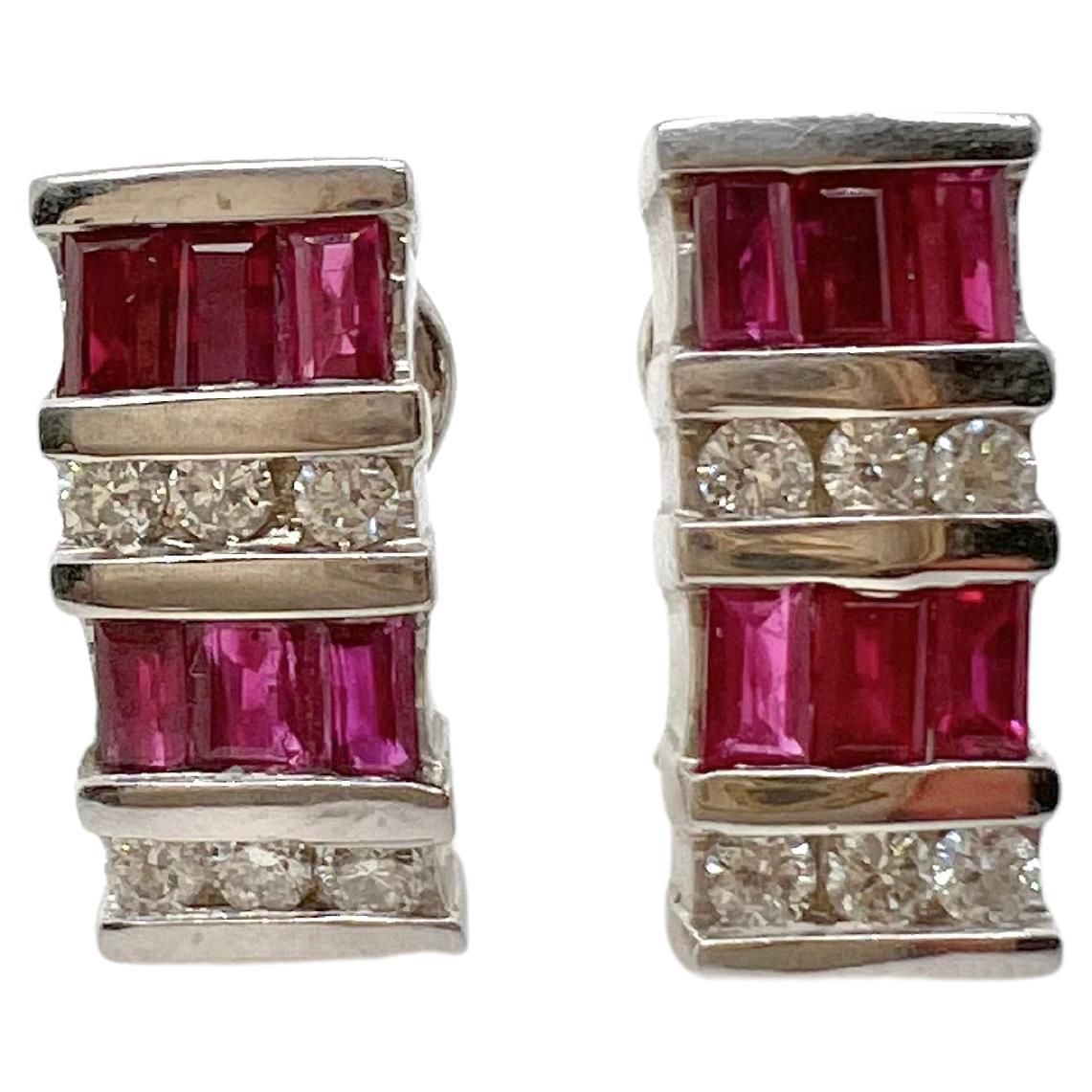 14k White Gold Ruby and Diamond French Clip Earrings For Sale