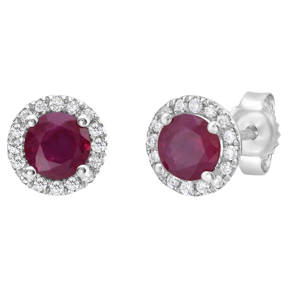 14K White Gold Ruby and Diamond Halo Martini Stud Earrings For Sale