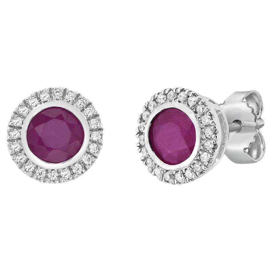 14K White Gold Ruby and Diamond Halo Stud Earrings For Sale