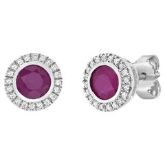 Used 14K White Gold Ruby and Diamond Halo Stud Earrings