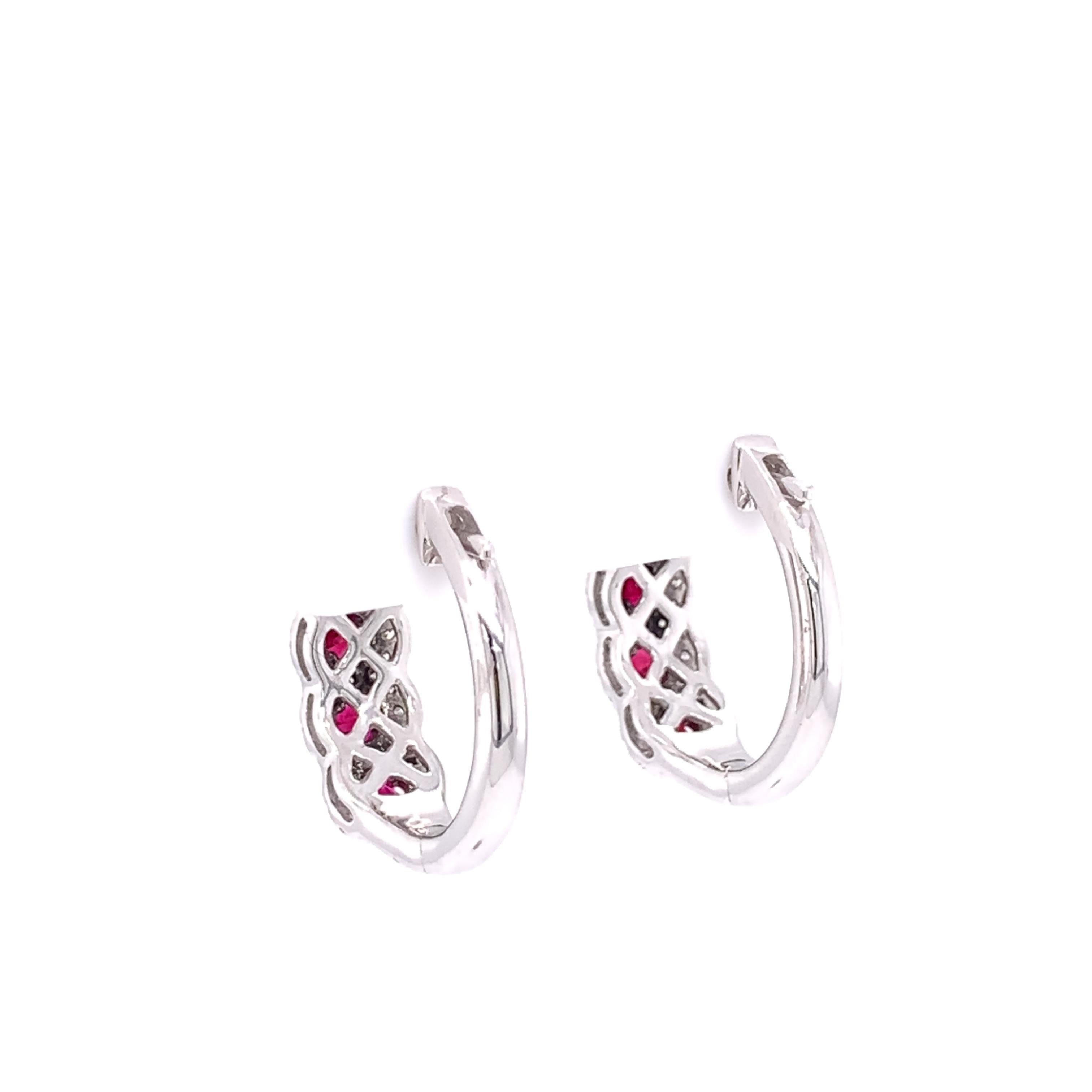 Modern 14K White Gold Ruby and Diamond Hoop Earrings For Sale