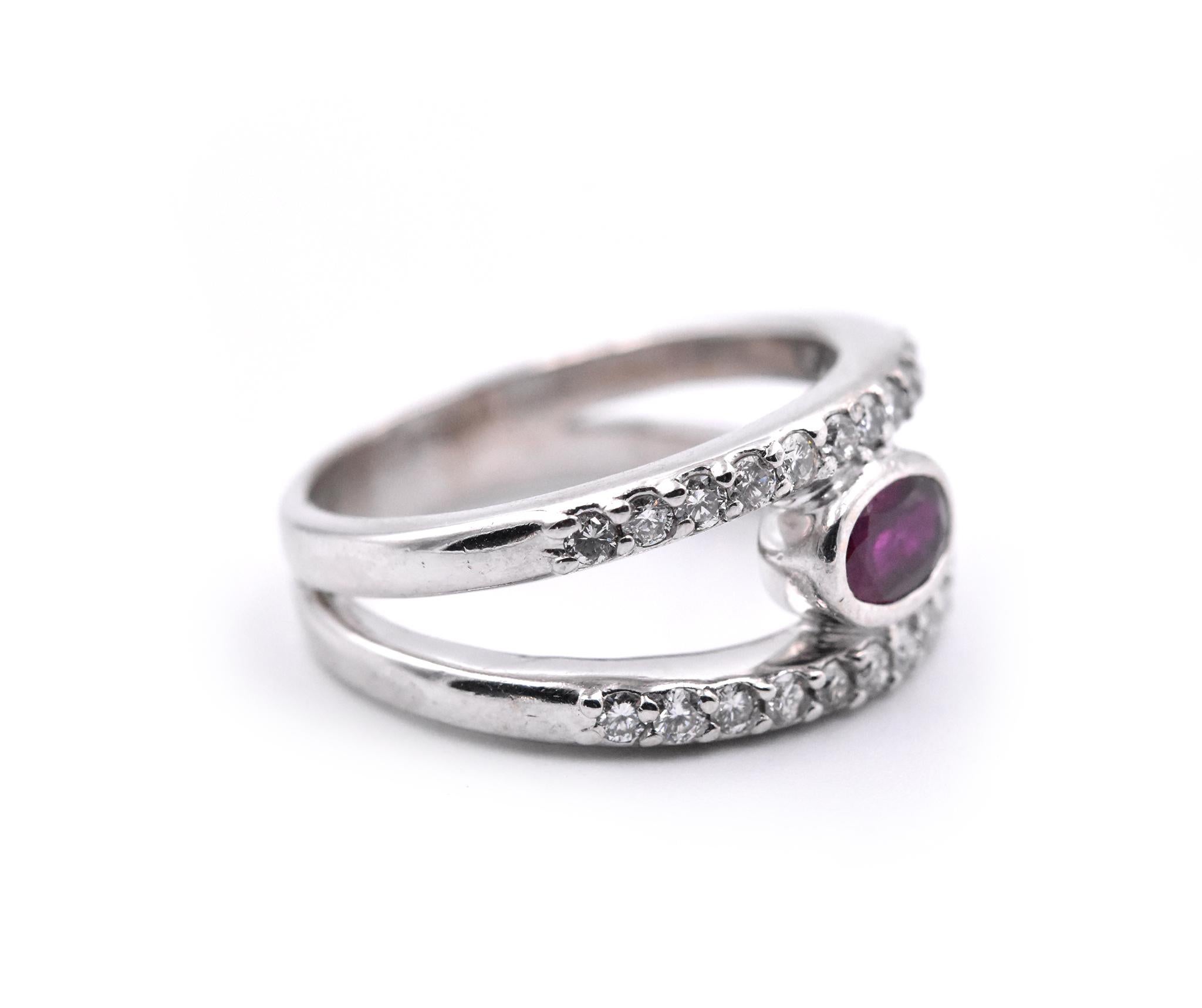 Designer: custom design
Material: 14k white gold
Center Stone: 1 oval cut ruby = 1.00ct
Diamonds: 26 round cuts = .54cttw
Color: H
Clarity: VS2-SI1
Ring Size: 7 1/4 (please allow two additional shipping days for sizing requests)
Dimensions: ring