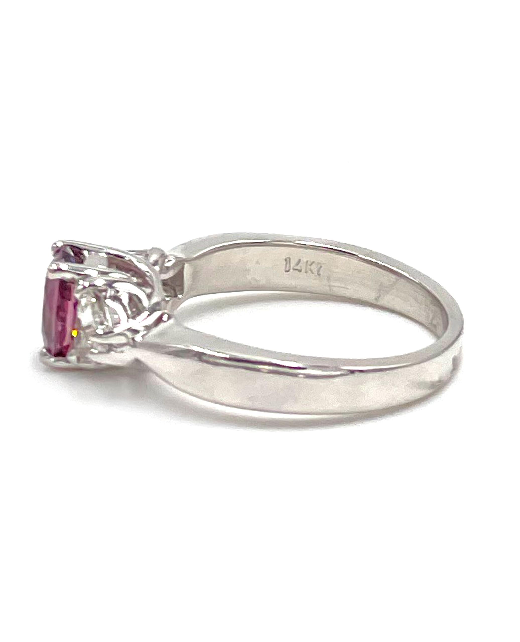 Oval Cut 14K White Gold Three Stone Ring with Ruby and Diamonds For Sale