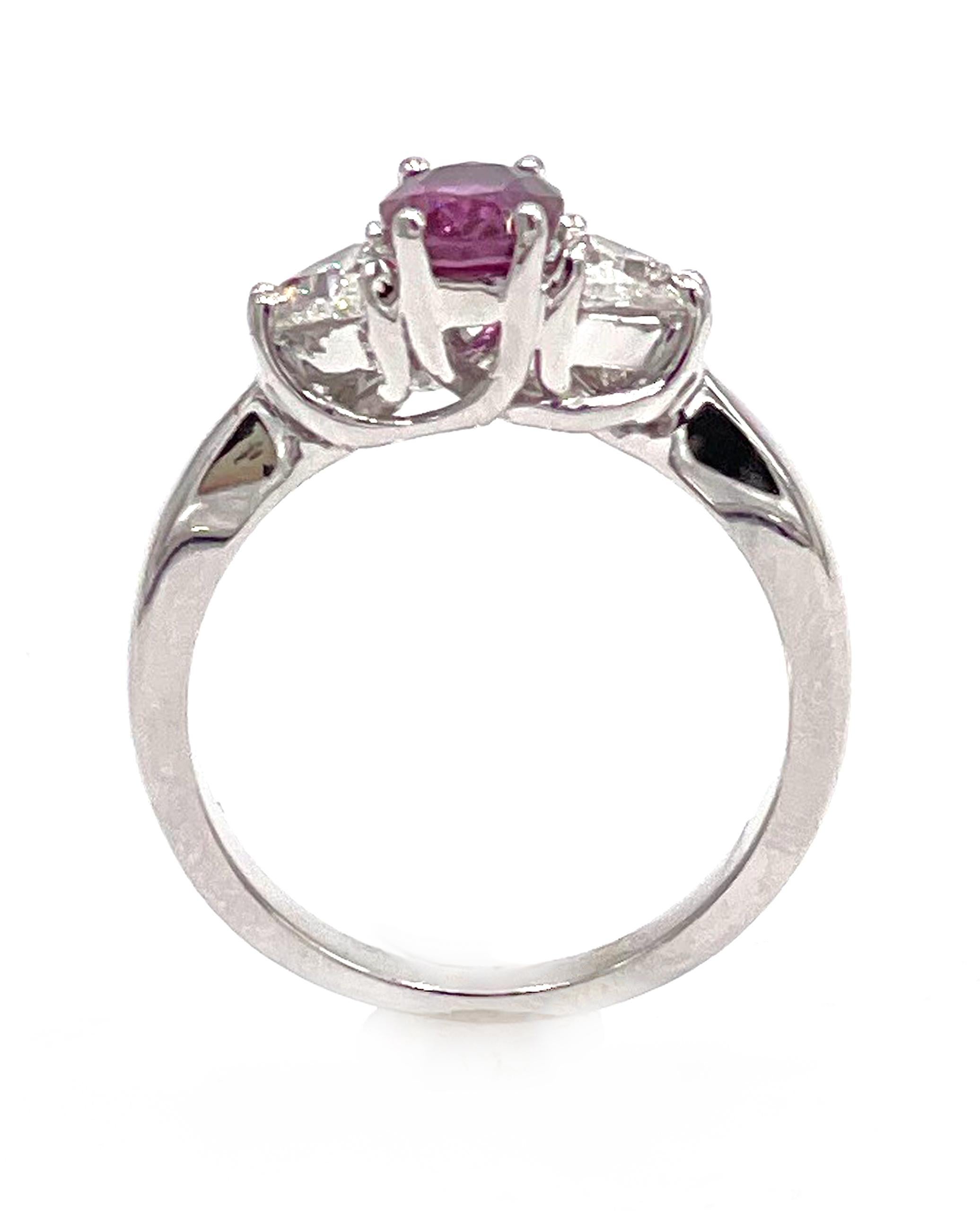 Women's 14K White Gold Three Stone Ring with Ruby and Diamonds For Sale