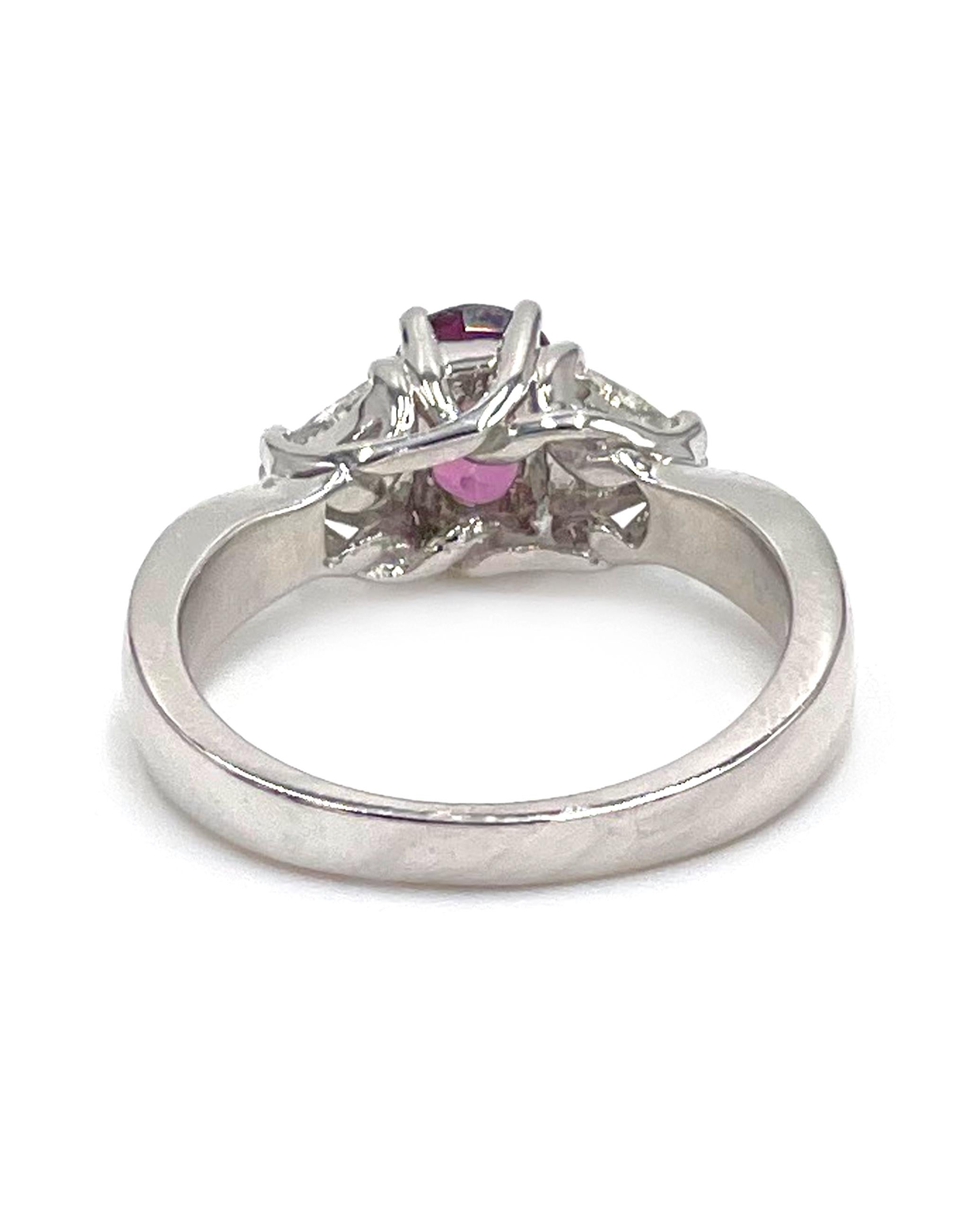 14K White Gold Three Stone Ring with Ruby and Diamonds For Sale 1