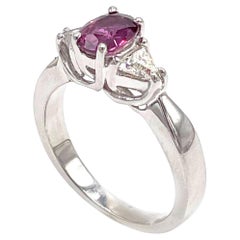 14K White Gold Three Stone Ring with Ruby and Diamonds