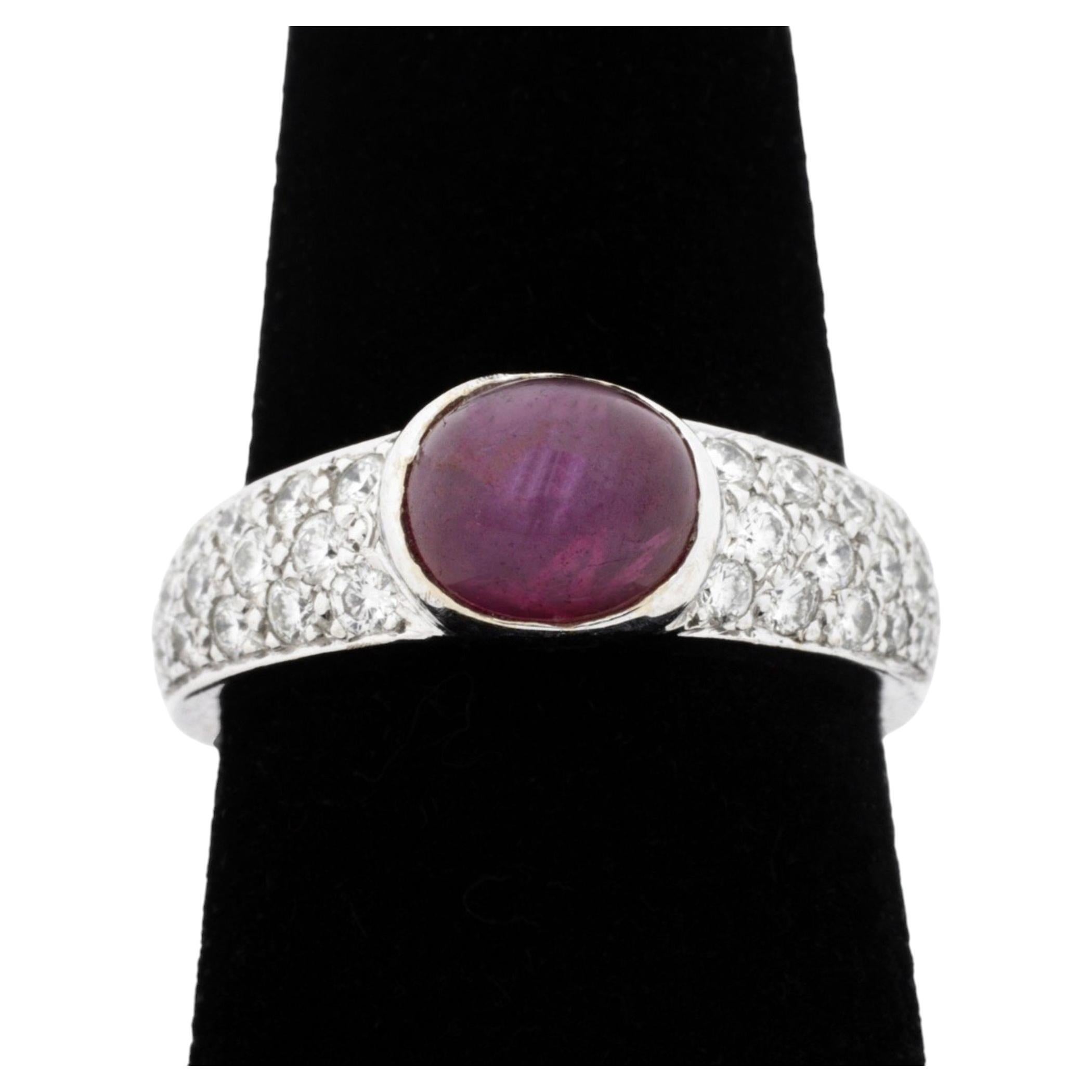 Vintage 14K White Gold Ruby Cabochon and Diamond Ring For Sale
