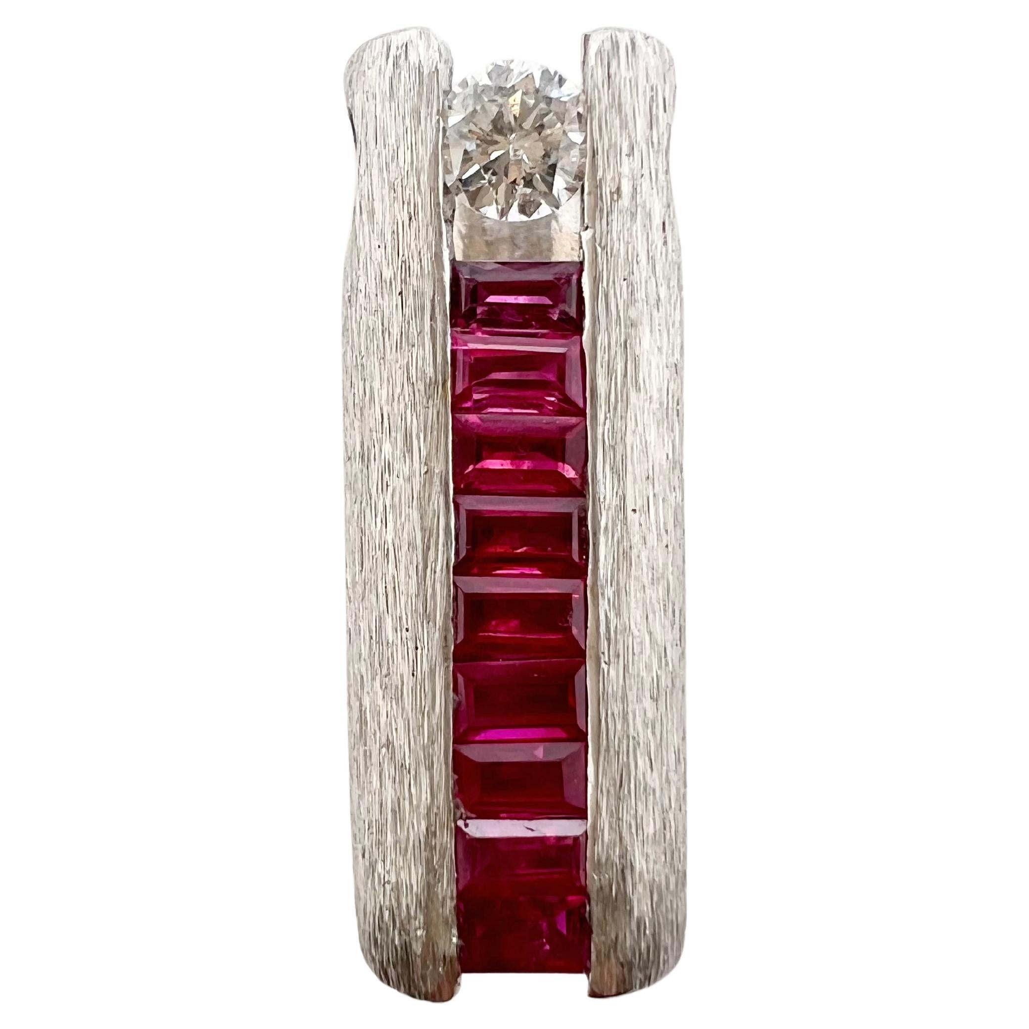 14k White Gold Ruby and Diamond Tube Pendant For Sale