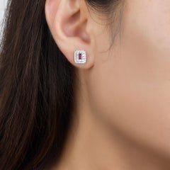 14K White Gold Ruby Baguette and Diamond Double Halo Stud Earrings