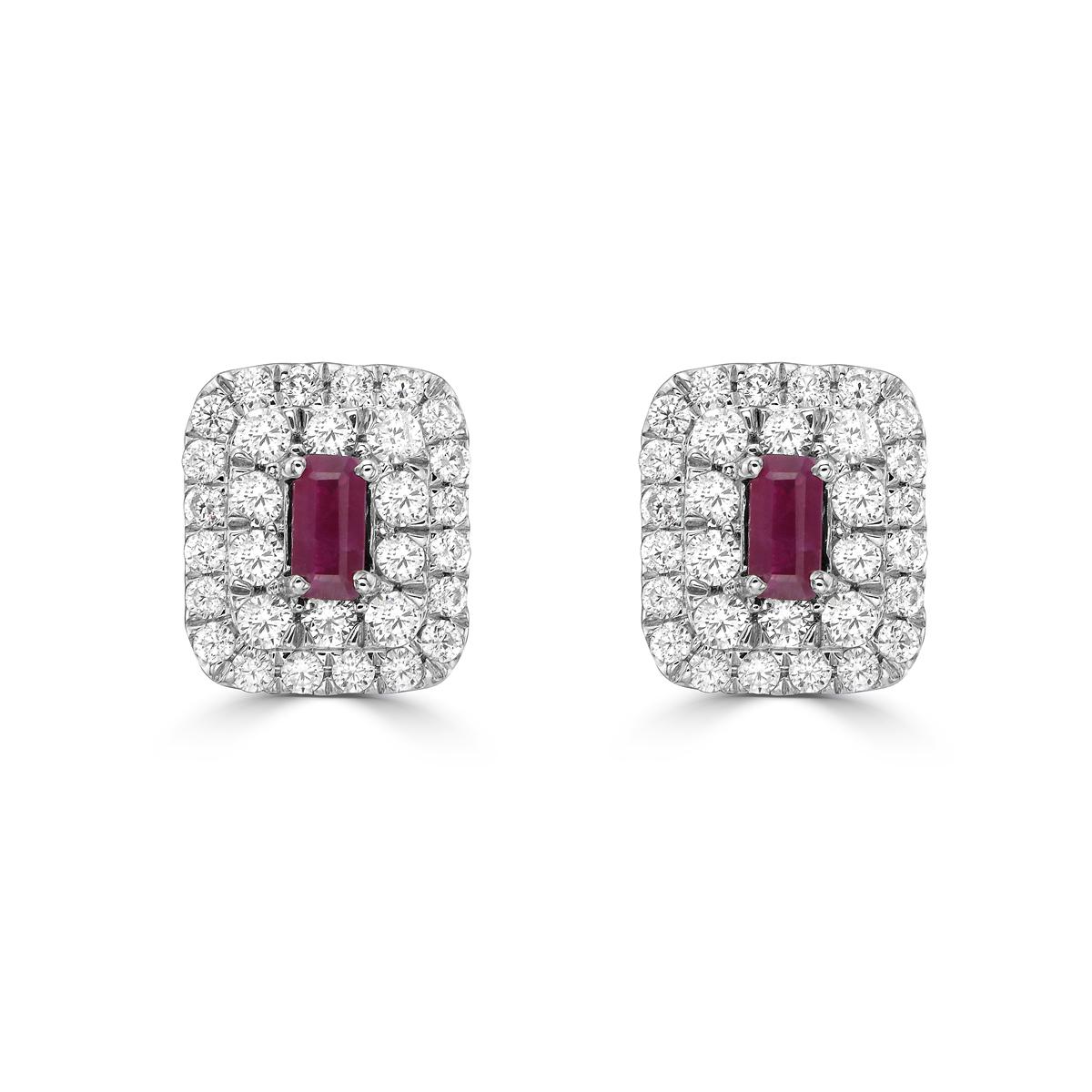 Round Cut 14K White Gold Ruby Baguette and Diamond Double Halo Stud Earrings For Sale
