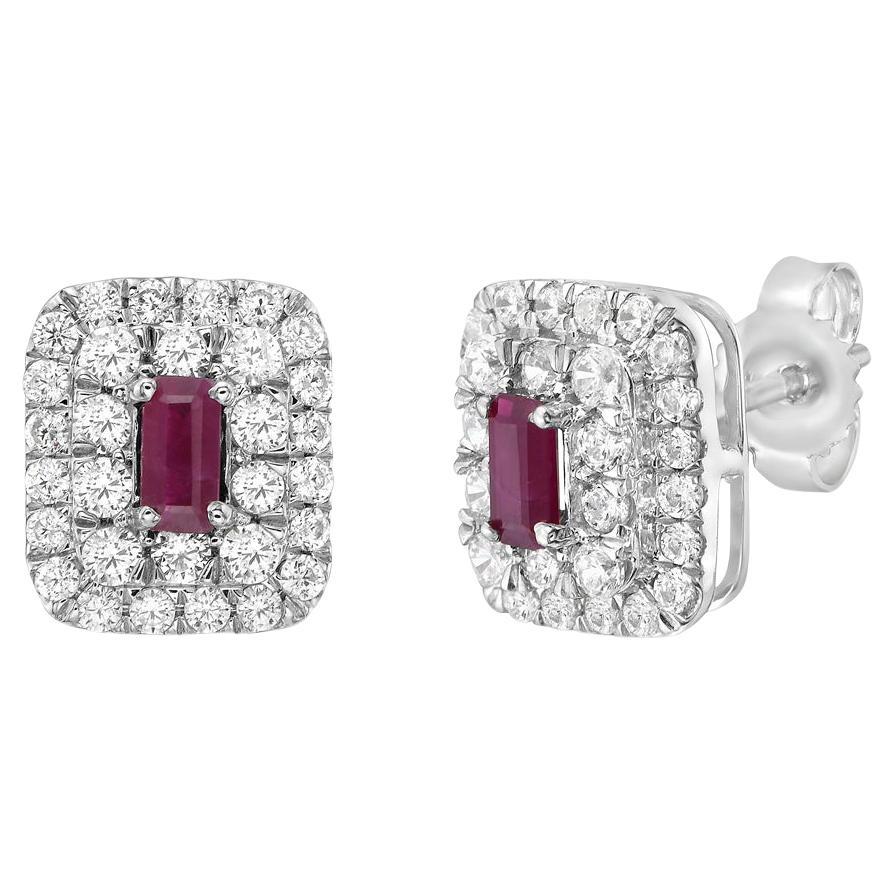 14K White Gold Ruby Baguette and Diamond Double Halo Stud Earrings For Sale