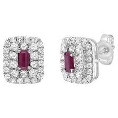 14K White Gold Ruby Baguette and Diamond Double Halo Stud Earrings 14K White Gold Ruby Baguette and Diamond Double Halo Stud Earrings