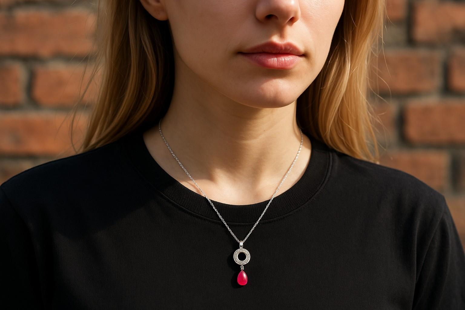 This elegant 14K white gold drop necklace showcases a vibrant 1.88-carat ruby briolette, gracefully suspended from a diamond-accented circle weighing 0.25 carats. The necklace measures 16 inches with an 18-inch drop, secured with a classic lobster