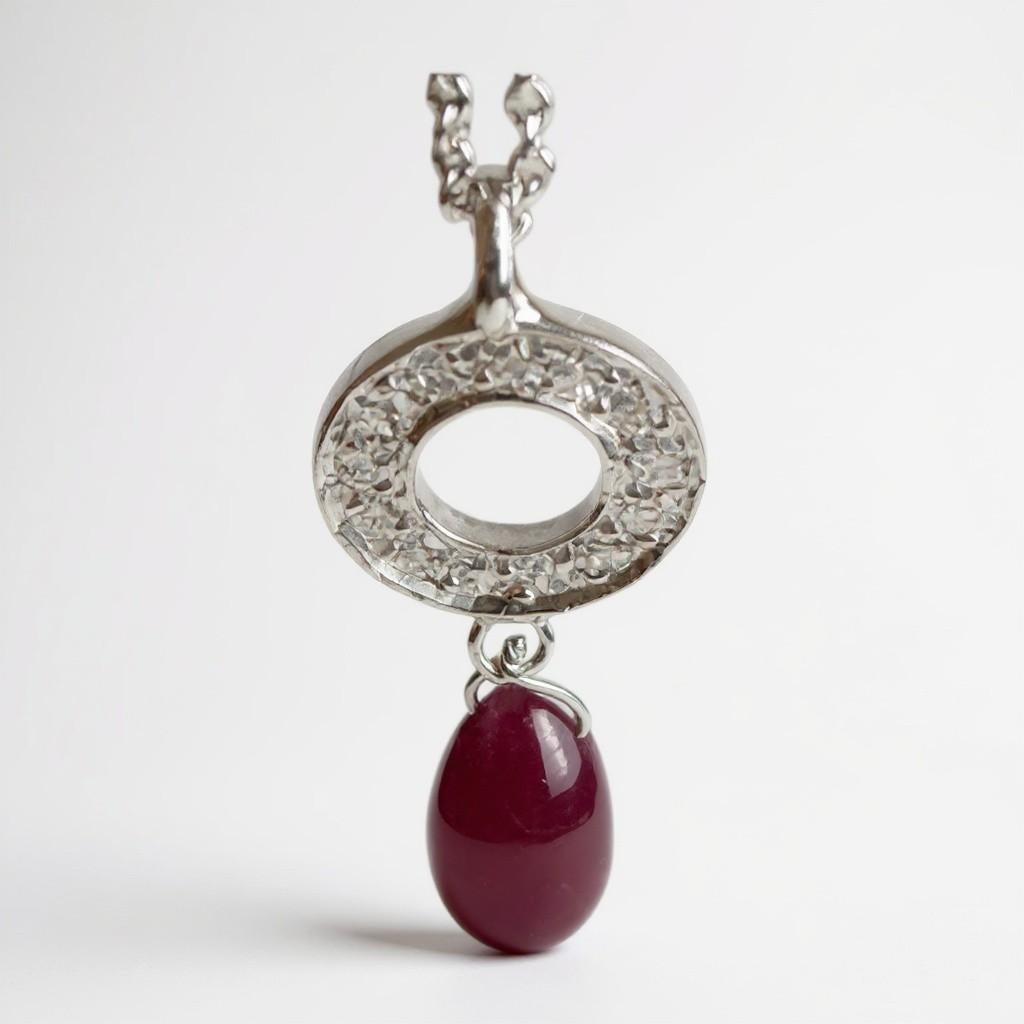 Modern 14K White Gold Ruby Briolette and Diamond Circle Drop Necklace For Sale