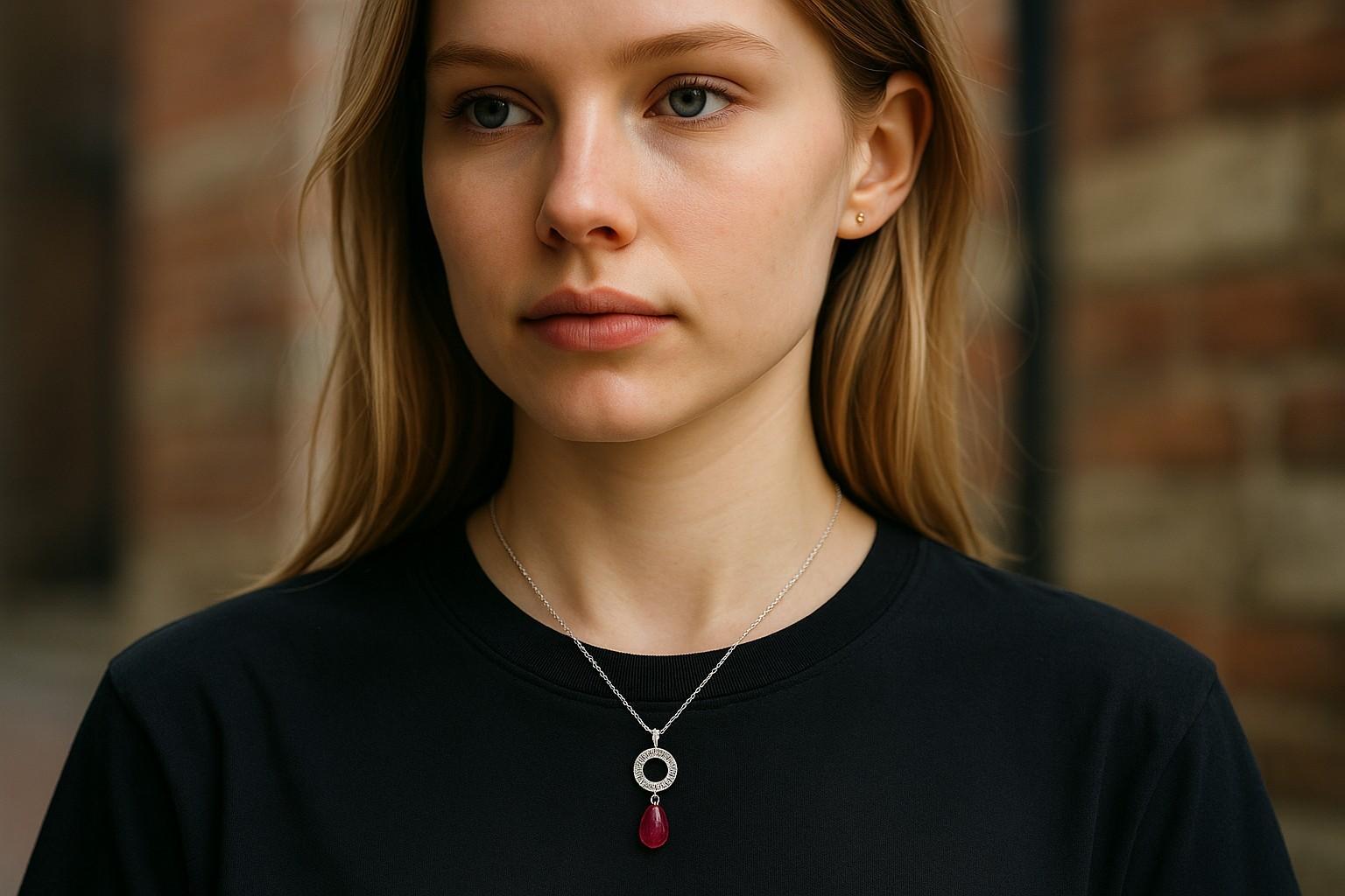 14K White Gold Ruby Briolette and Diamond Circle Drop Necklace In New Condition For Sale In New York, NY