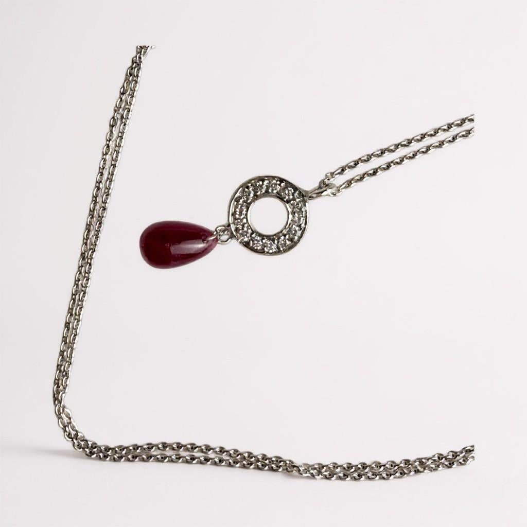 14K White Gold Ruby Briolette and Diamond Circle Drop Necklace For Sale 2