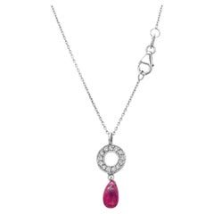 14K White Gold Ruby Briolette and Diamond Circle Drop Necklace
