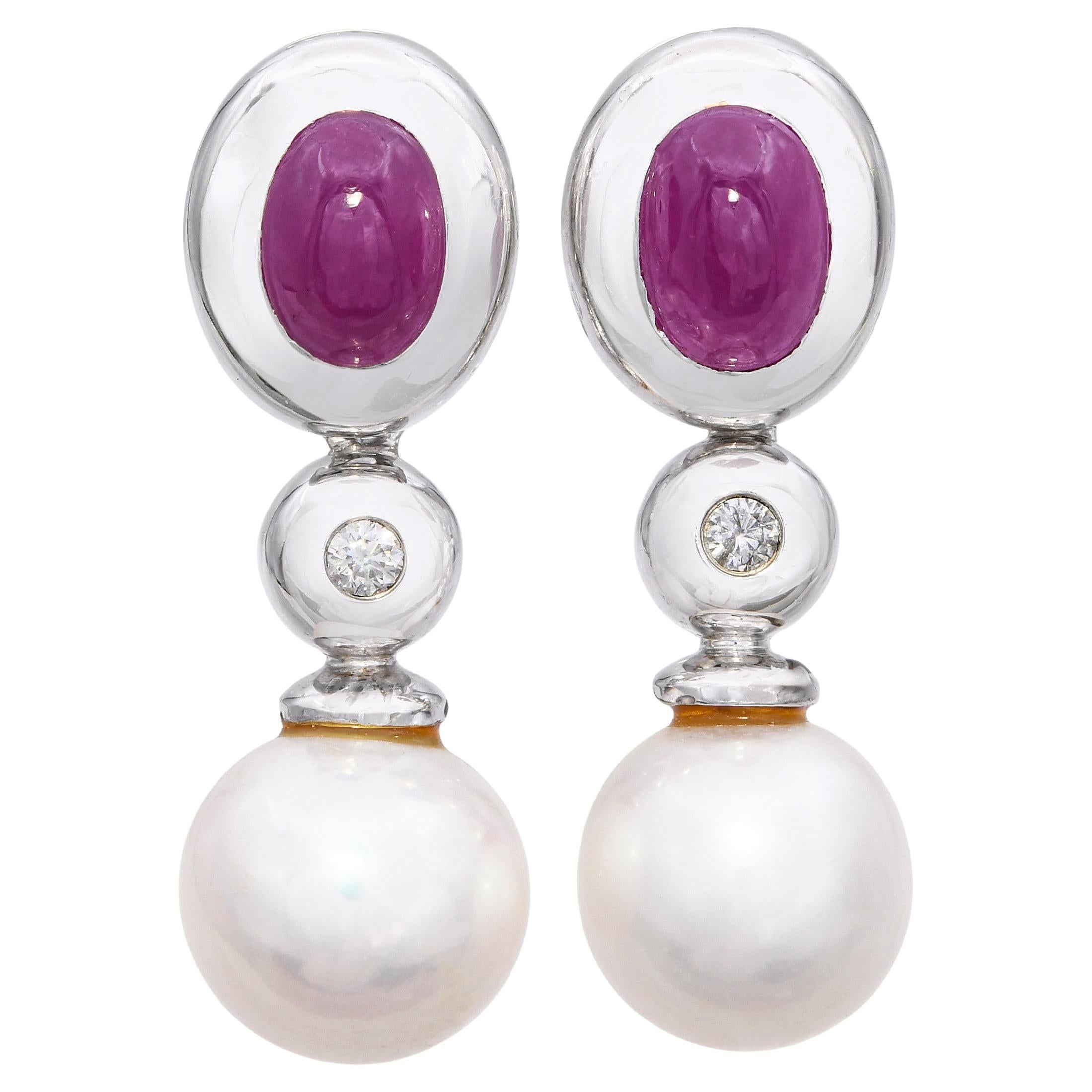 14k White Gold Ruby, Diamond and Pearl Drop Earrings