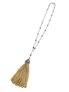 14K White Gold Ruby, Diamond, and Pearl Tassel Necklace