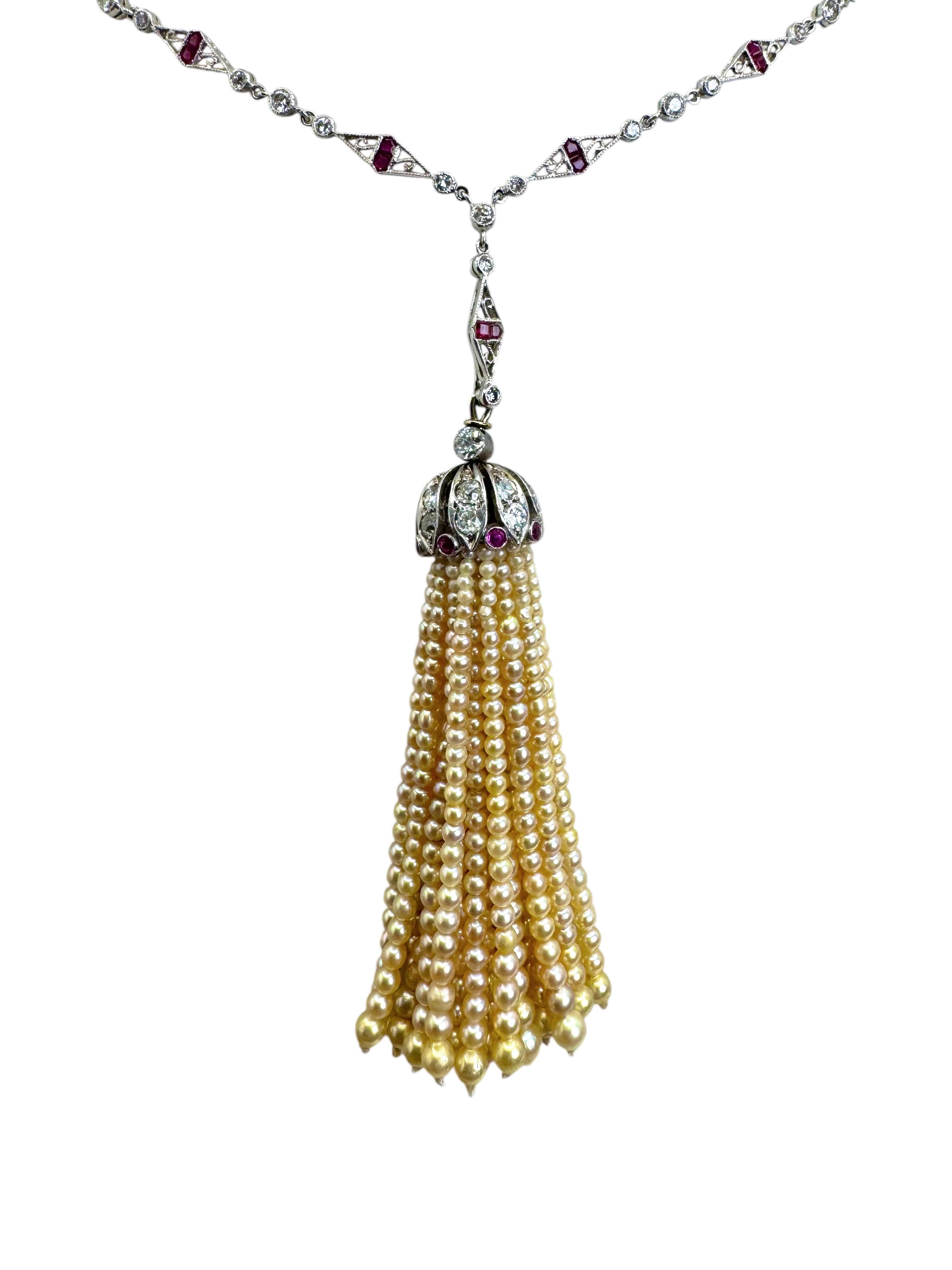 da uomo o donna Collana con rubino, diamanti e perle in oro bianco 14K in vendita